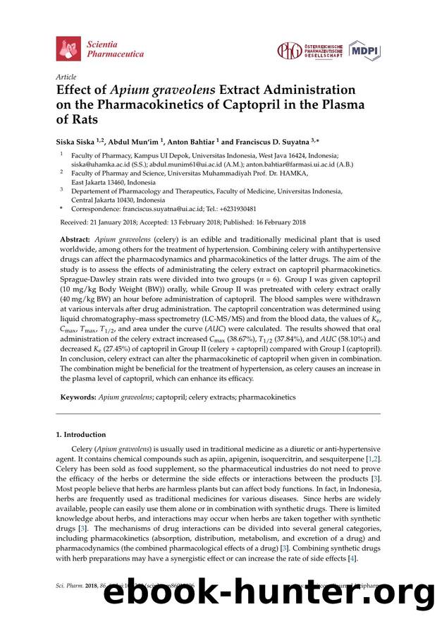 Effect of Apium graveolens Extract Administration on the Pharmacokinetics of Captopril in the Plasma of Rats by Siska Siska Abdul Mun`im Anton Bahtiar & Franciscus D. Suyatna