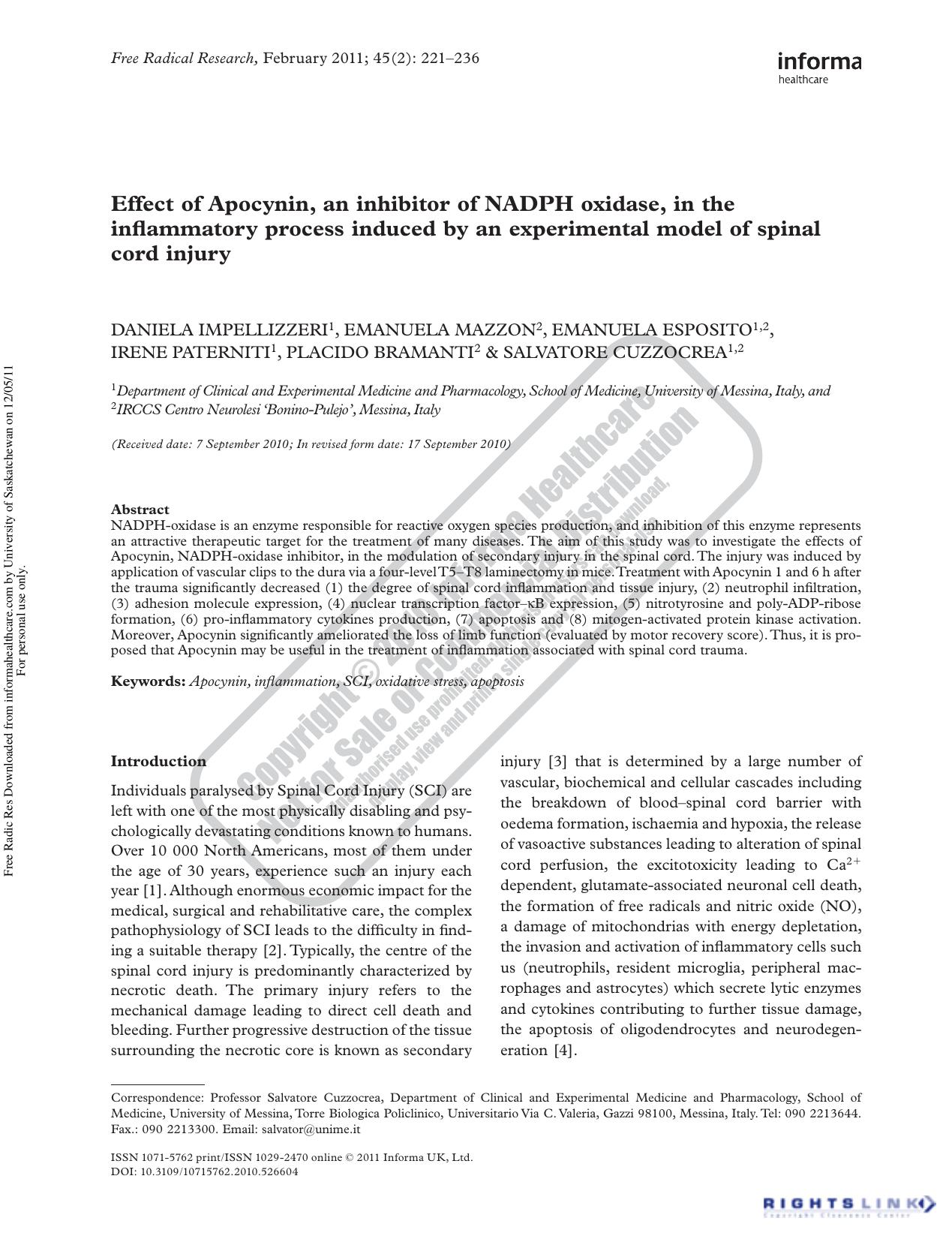 Effect of Apocynin, an inhibitor of NADPH oxidase, in the inflammatory process induced by an experimental model of spinal cord injury by unknow