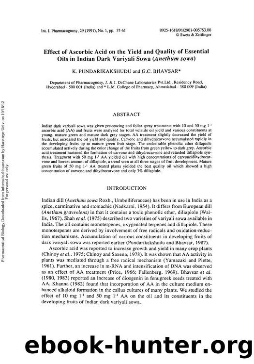 Effect of Ascorbic Acid on the Yield and Quality of Essential Oils in Indian Dark Variyali Sowa (Anethum sowa) by K. Pundarikakshudu & G. C. Bhavsar
