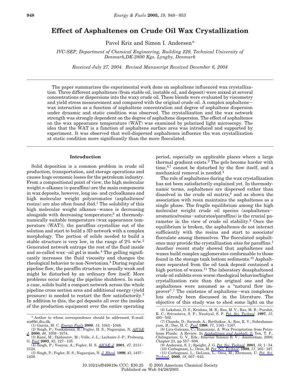 Effect of Asphaltenes on Crude Oil Wax Crystallization by Unknown