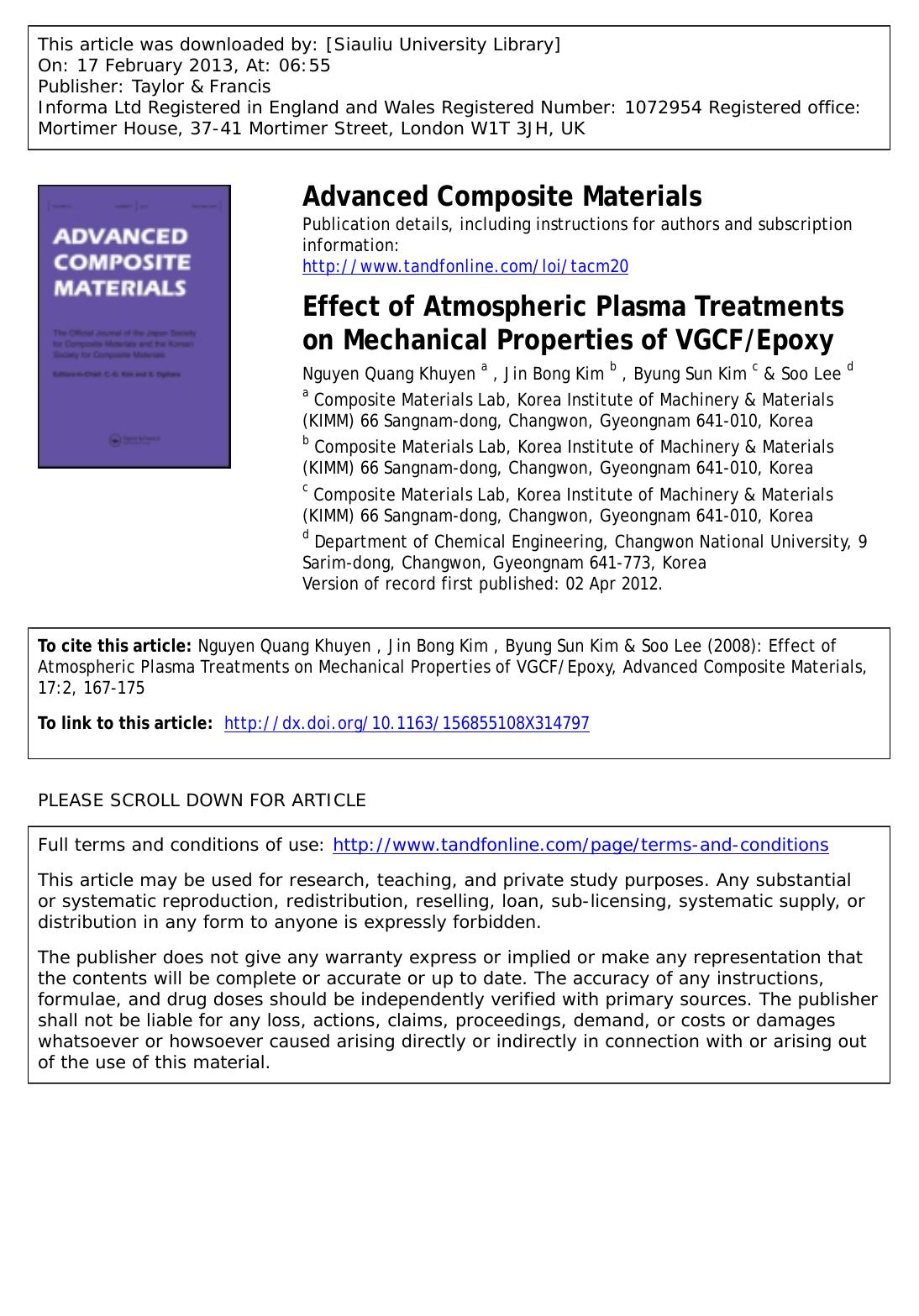 Effect of Atmospheric Plasma Treatments on Mechanical Properties of VGCFEpoxy by Nguyen Quang Khuyen Jin Bong Kim Byung Sun Kim & Soo Lee