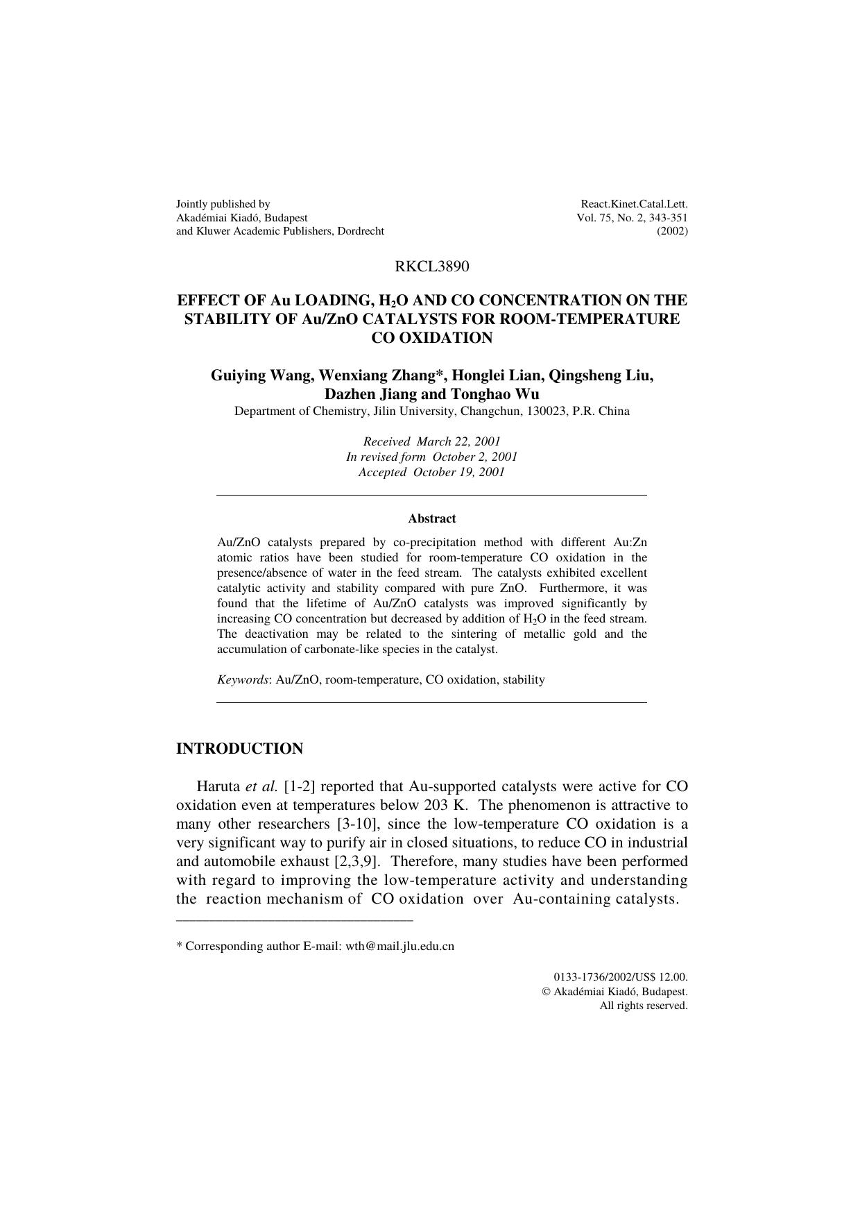 Effect of Au loading, H<Subscript>2<Subscript>O and CO concentration on the stability of AuZnO catalysts for room-temperature CO oxidation by Unknown