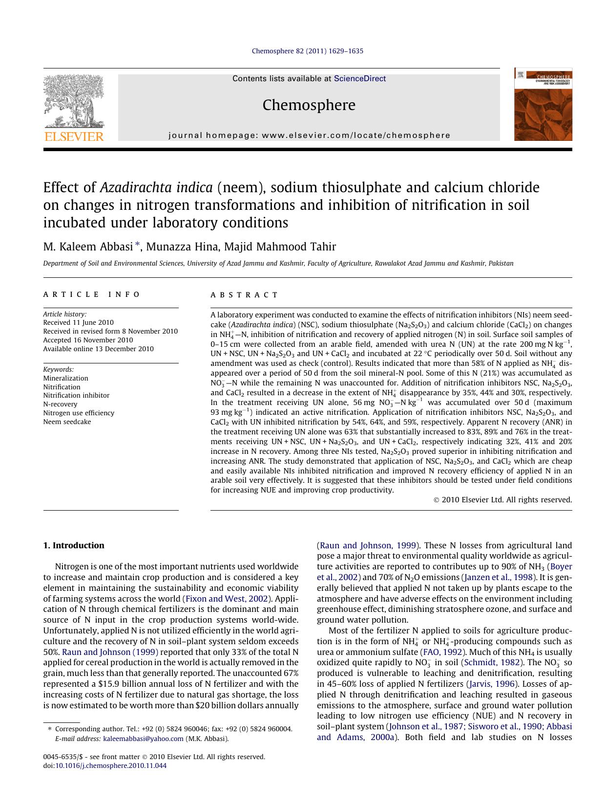 Effect of Azadirachta indica (neem), sodium thiosulphate and calcium chloride on changes in nitrogen transformations and inhibition of nitrification in soil incubated under laboratory conditions by M. Kaleem Abbasi & Munazza Hina & Majid Mahmood Tahir