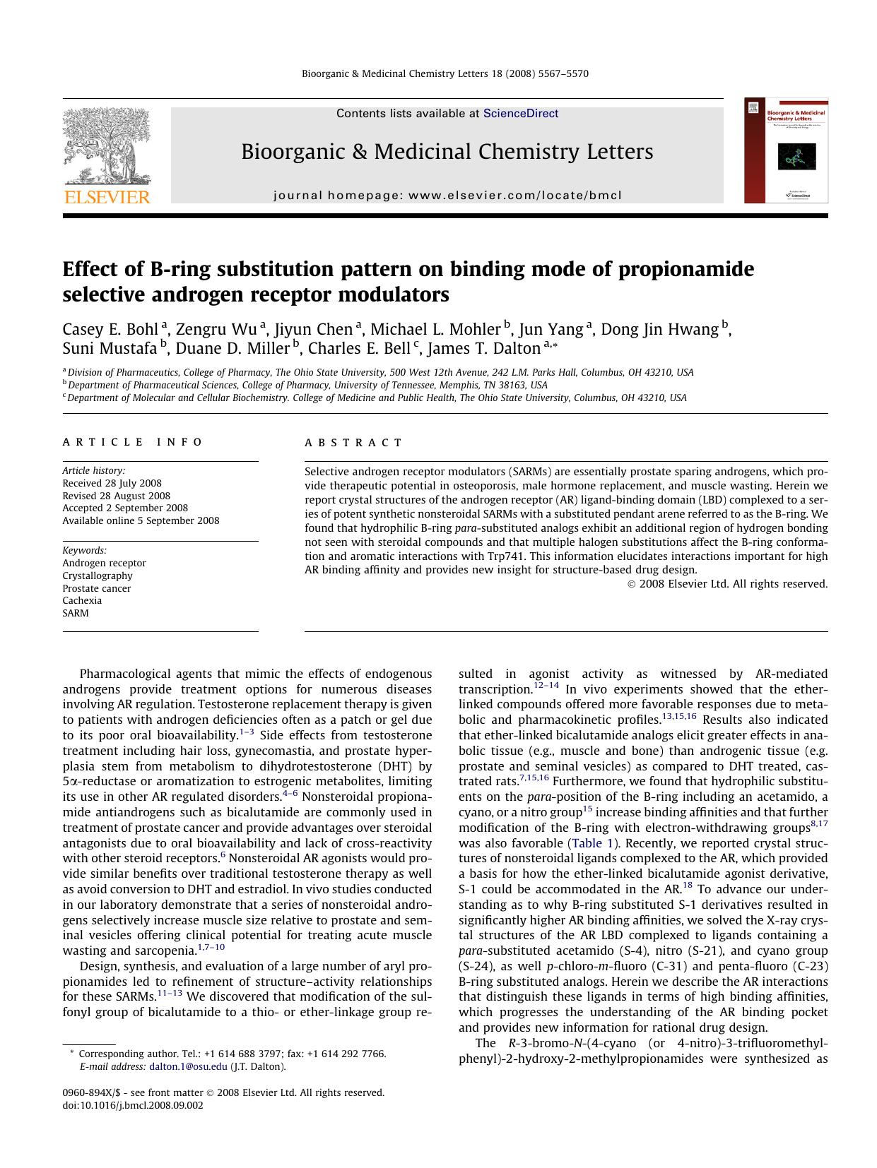 Effect of B-ring substitution pattern on binding mode of propionamide selective androgen receptor modulators by unknow