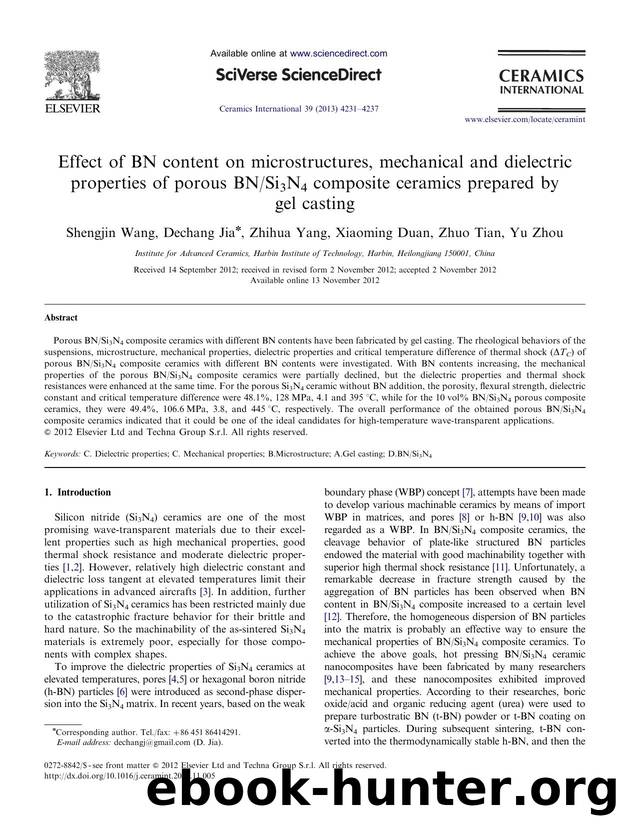 Effect of BN content on microstructures, mechanical and dielectric properties of porous BNSi3N4 composite ceramics prepared by gel casting by Shengjin Wang & Dechang Jia & Zhihua Yang & Xiaoming Duan & Zhuo Tian & Yu Zhou