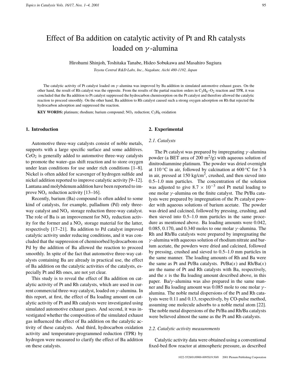 Effect of Ba Addition on Catalytic Activity of Pt and Rh Catalysts Loaded on γ-Alumina by Unknown