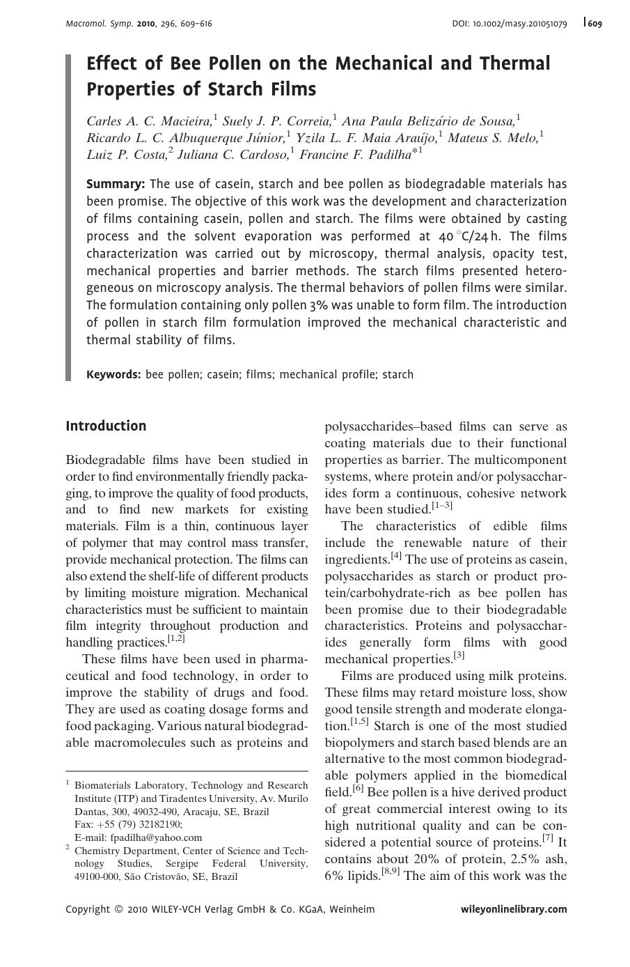 Effect of Bee Pollen on the Mechanical and Thermal Properties of Starch Films by Unknown