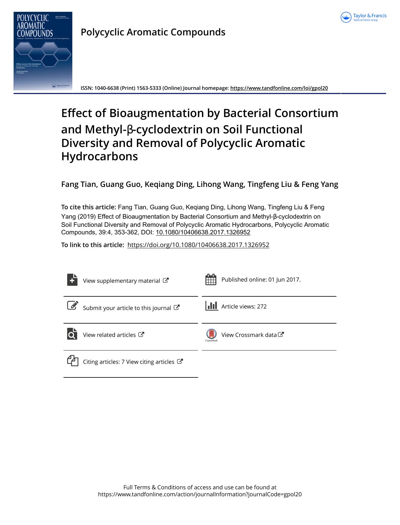 Effect of Bioaugmentation by Bacterial Consortium and Methyl--cyclodextrin on Soil Functional Diversity and Removal of Polycyclic Aromatic Hydrocarbons by Fang Tian & Guang Guo & Keqiang Ding & Lihong Wang & Tingfeng Liu & Feng Yang
