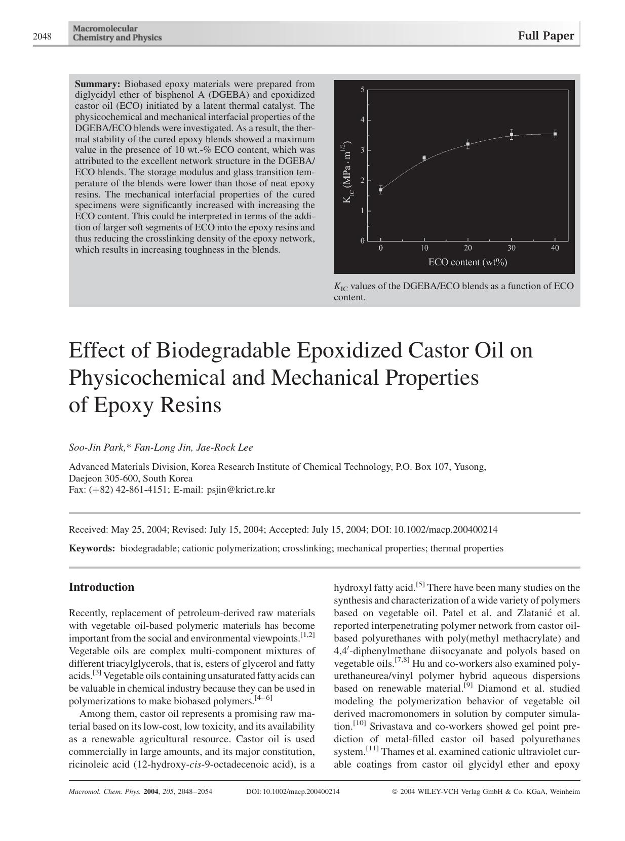 Effect of Biodegradable Epoxidized Castor Oil on Physicochemical and Mechanical Properties of Epoxy Resins by Unknown