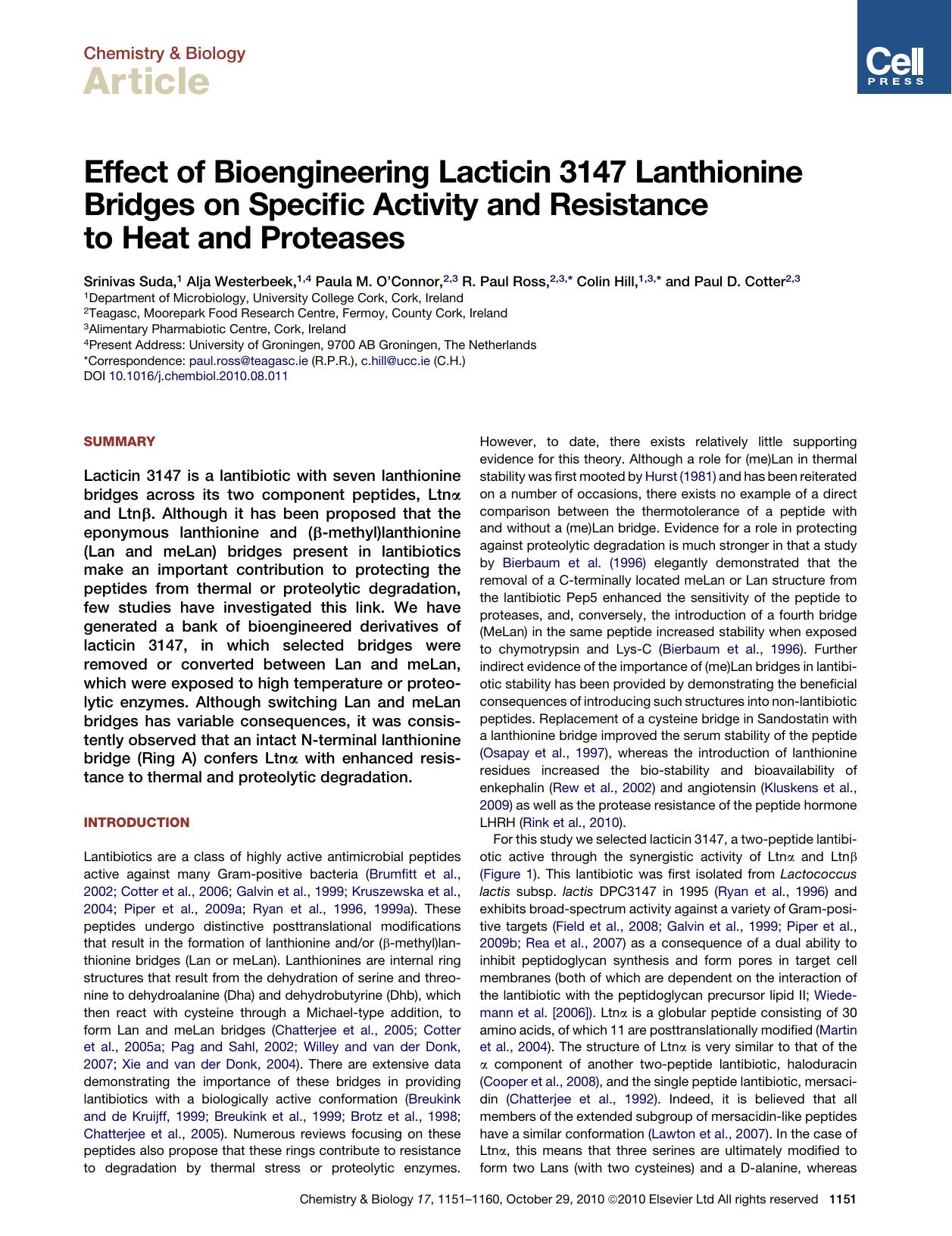 Effect of Bioengineering Lacticin 3147 Lanthionine Bridges on Specific Activity and Resistance to Heat and Proteases by Srinivas Suda & Alja Westerbeek & Paula M. O'Connor & R. Paul Ross & Colin Hill & Paul D. Cotter