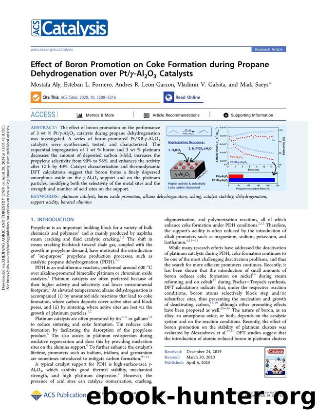 Effect of Boron Promotion on Coke Formation during Propane Dehydrogenation over PtÎ³-Al2O3 Catalysts by Mostafa Aly Esteban L. Fornero Andres R. Leon-Garzon Vladimir V. Galvita & Mark Saeys