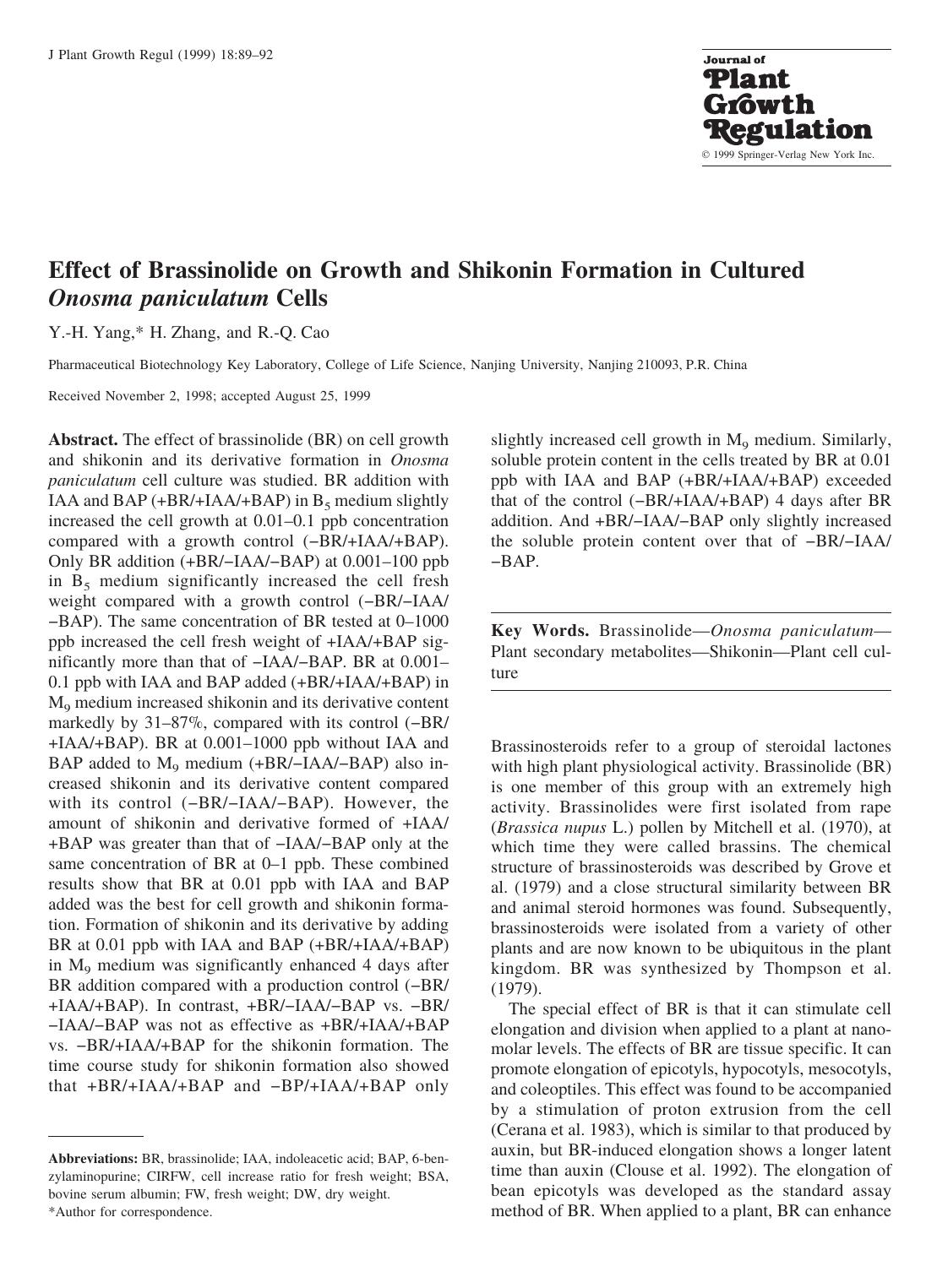 Effect of Brassinolide on Growth and Shikonin Formation in Cultured Onosma paniculatum Cells by Yang Y.-H. et al