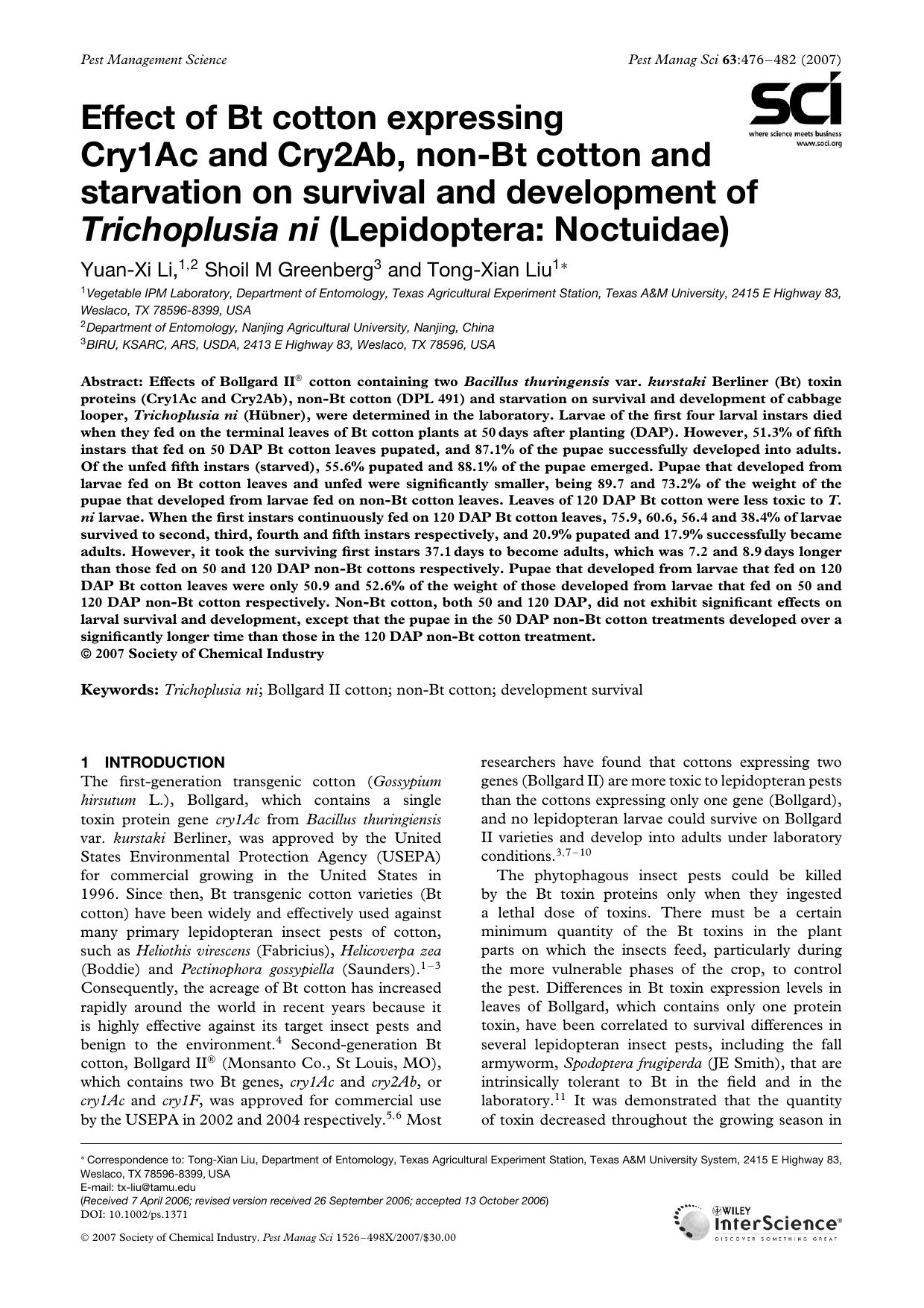 Effect of Bt cotton expressing Cry1Ac and Cry2Ab, non-Bt cotton and starvation on survival and development of Trichoplusia ni (Lepidoptera: Noctuidae) by Unknown