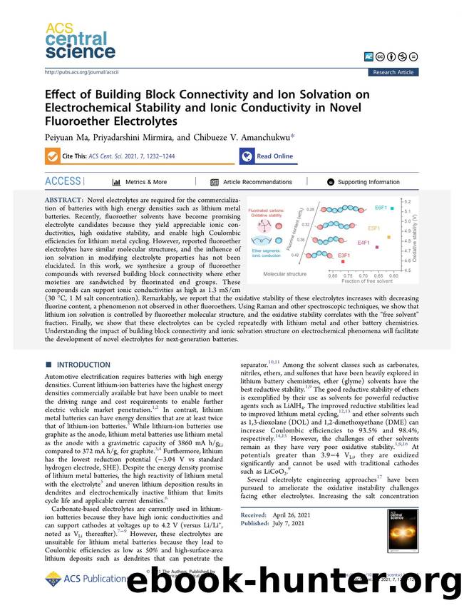 Effect of Building Block Connectivity and Ion Solvation on Electrochemical Stability and Ionic Conductivity in Novel Fluoroether Electrolytes by Peiyuan Ma & Priyadarshini Mirmira & Chibueze V. Amanchukwu (ORCID: g/0000-0002-6573-1213)