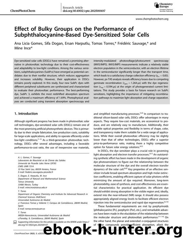 Effect of Bulky Groups on the Performance of SubphthalocyanineâBased DyeâSensitized Solar Cells by Ana Licia Gomes & Sifa Dogan & Ersan Harputlu & Tomas Torres & Frédéric Sauvage & Mine Ince