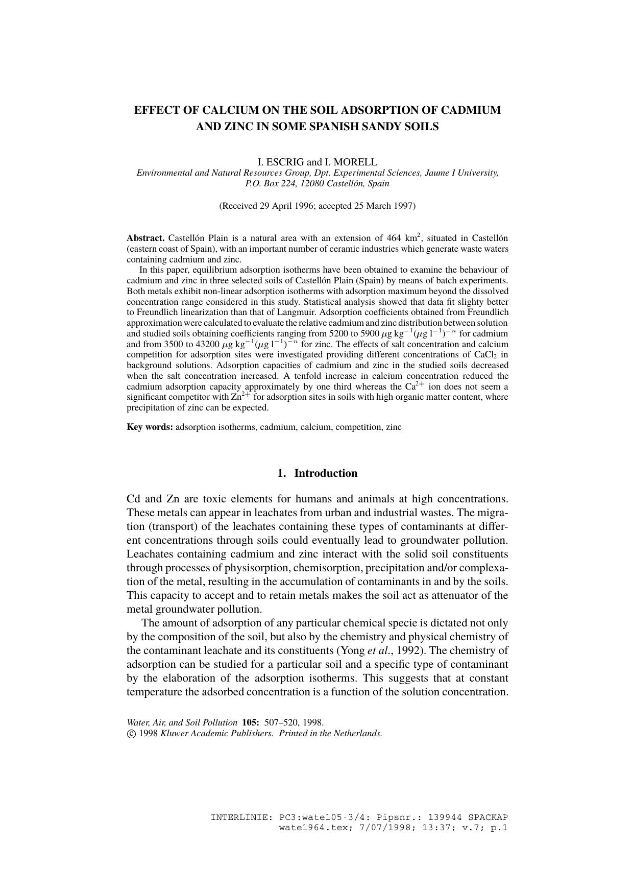 Effect of Calcium on the Soil Adsorption of Cadmium and Zinc in Some Spanish Sandy Soils by Unknown