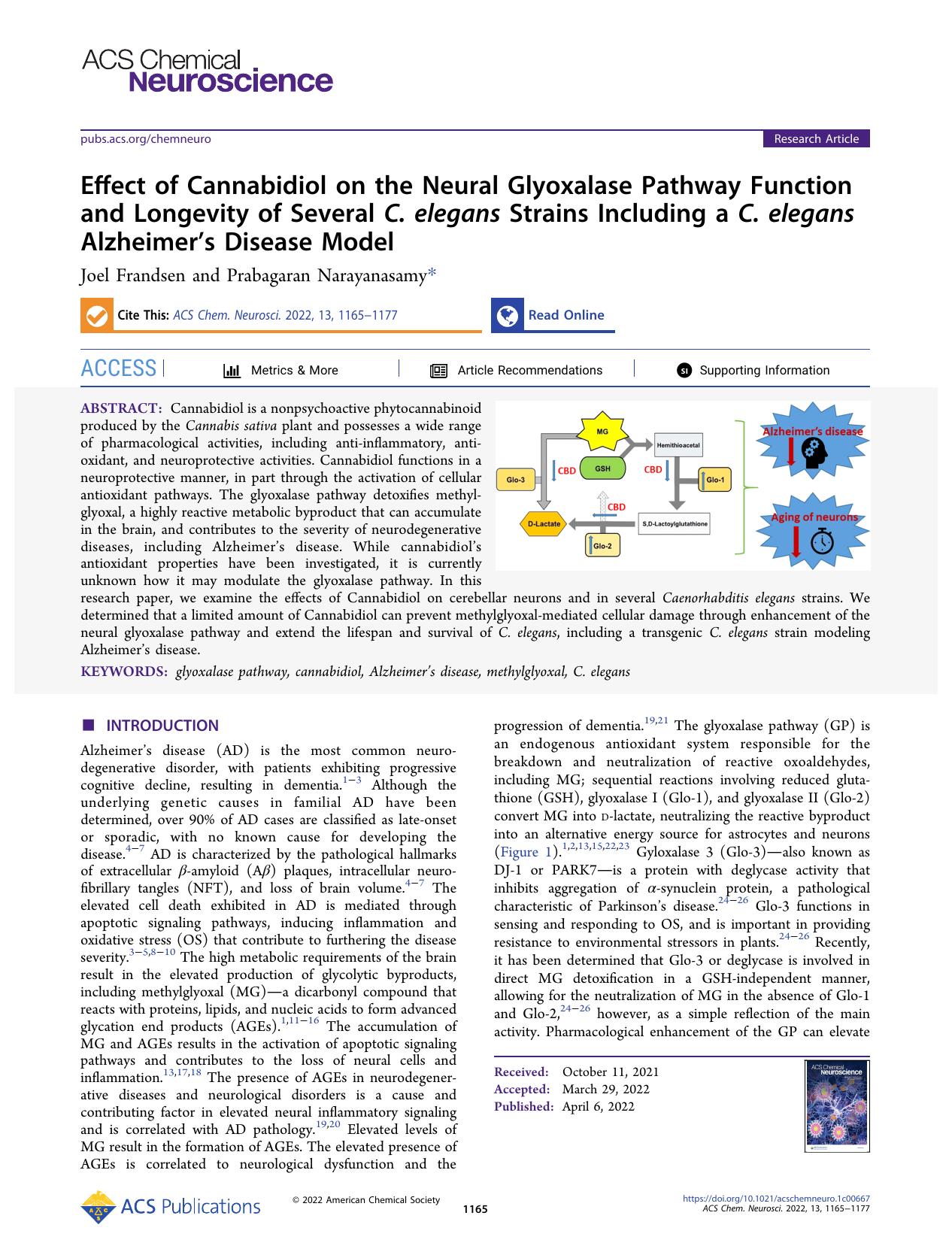 Effect of Cannabidiol on the Neural Glyoxalase Pathway Function and Longevity of Several C. elegans Strains Including a C. elegans Alzheimerâs Disease Model by Joel Frandsen and Prabagaran Narayanasamy