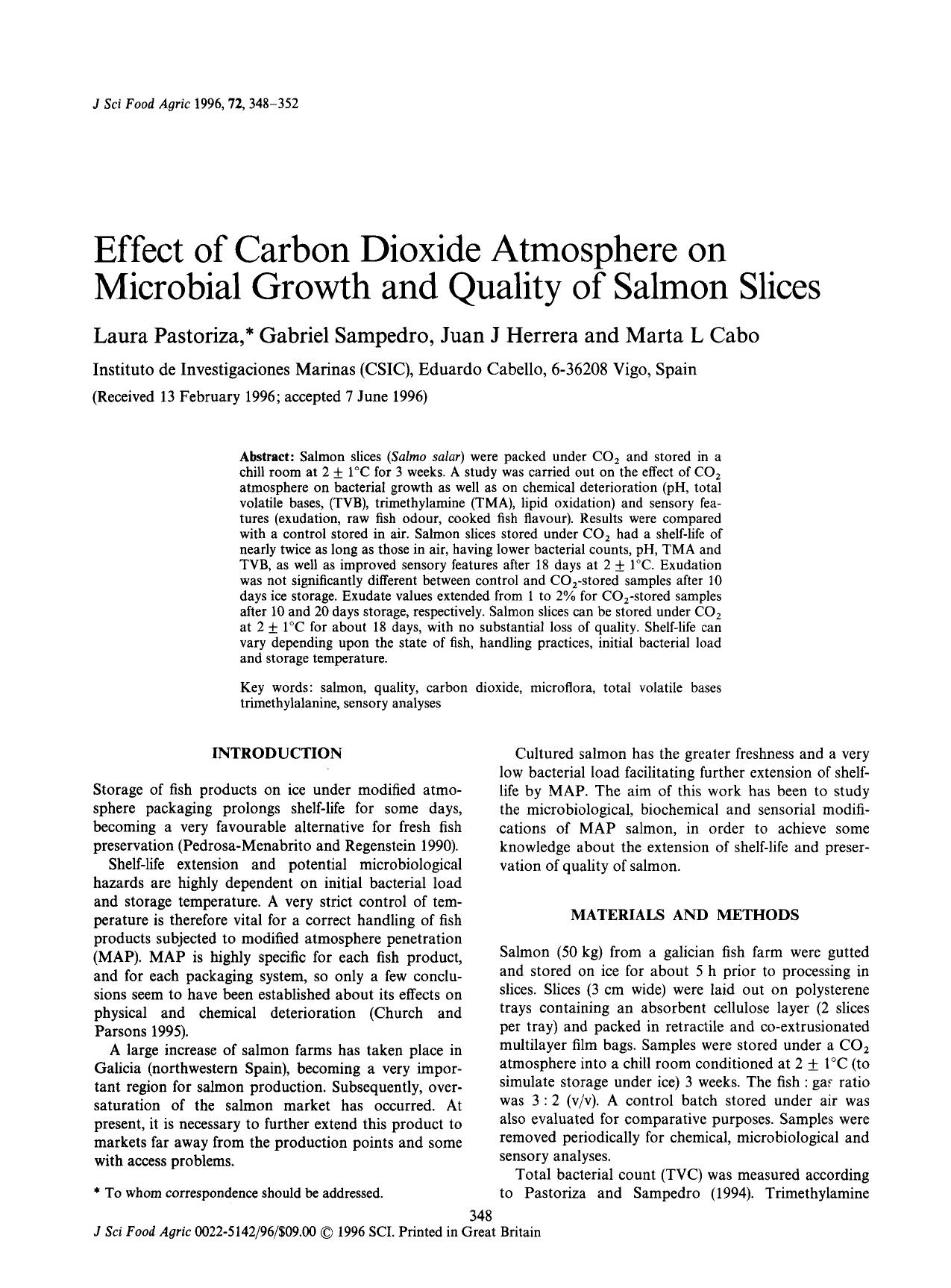 Effect of Carbon Dioxide Atmosphere on Microbial Growth and Quality of Salmon Slices by Unknown