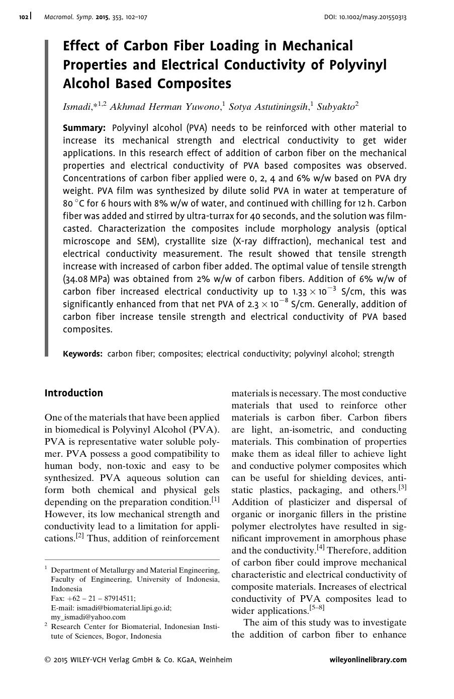 Effect of Carbon Fiber Loading in Mechanical Properties and Electrical Conductivity of Polyvinyl Alcohol Based Composites by Unknown