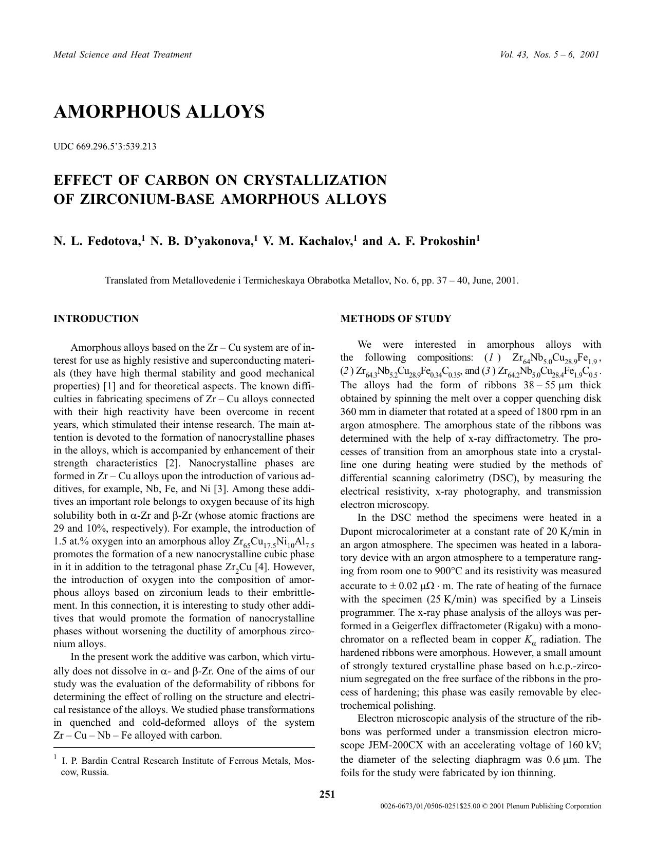 Effect of Carbon on Crystallization of Zirconium-Base Amorphous Alloys by Unknown