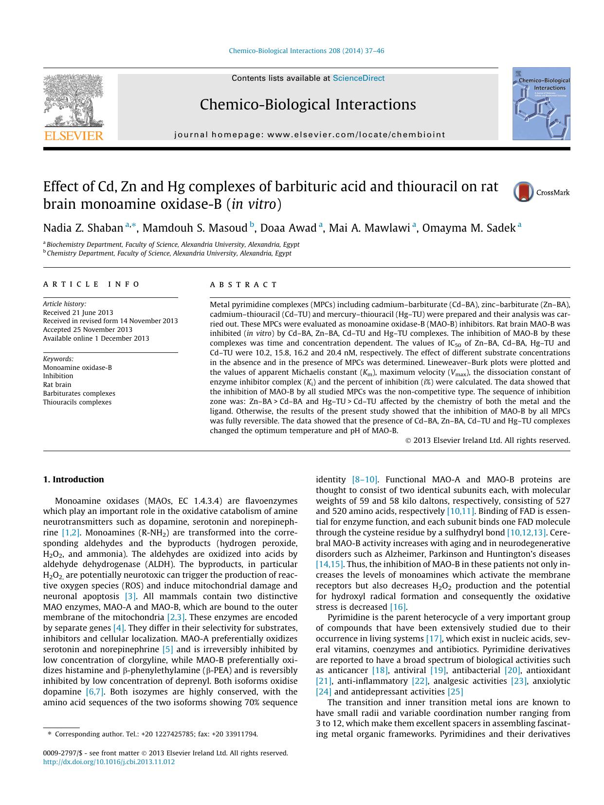 Effect of Cd, Zn and Hg complexes of barbituric acid and thiouracil on rat brain monoamine oxidase-B (in vitro) by Nadia Z. Shaban & Mamdouh S. Masoud & Doaa Awad & Mai A. Mawlawi & Omayma M. Sadek