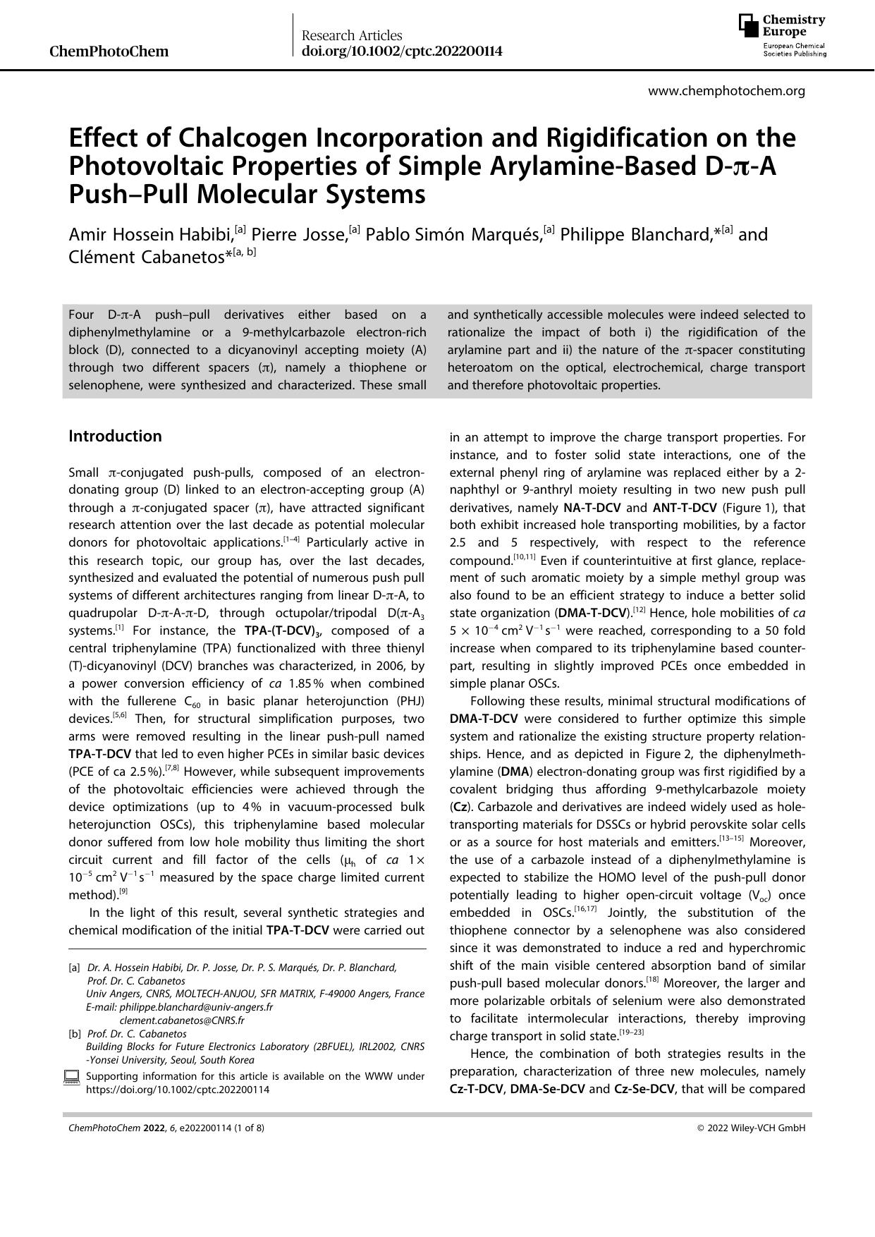 Effect of Chalcogen Incorporation and Rigidification on the Photovoltaic Properties of Simple ArylamineâBased DâÏâA PushâPull Molecular Systems by Unknown