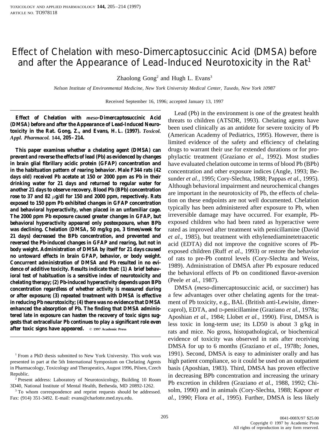 Effect of Chelation with meso-Dimercaptosuccinic Acid (DMSA) before and after the Appearance of Lead-Induced Neurotoxicity in the Rat by Gong Z. et al