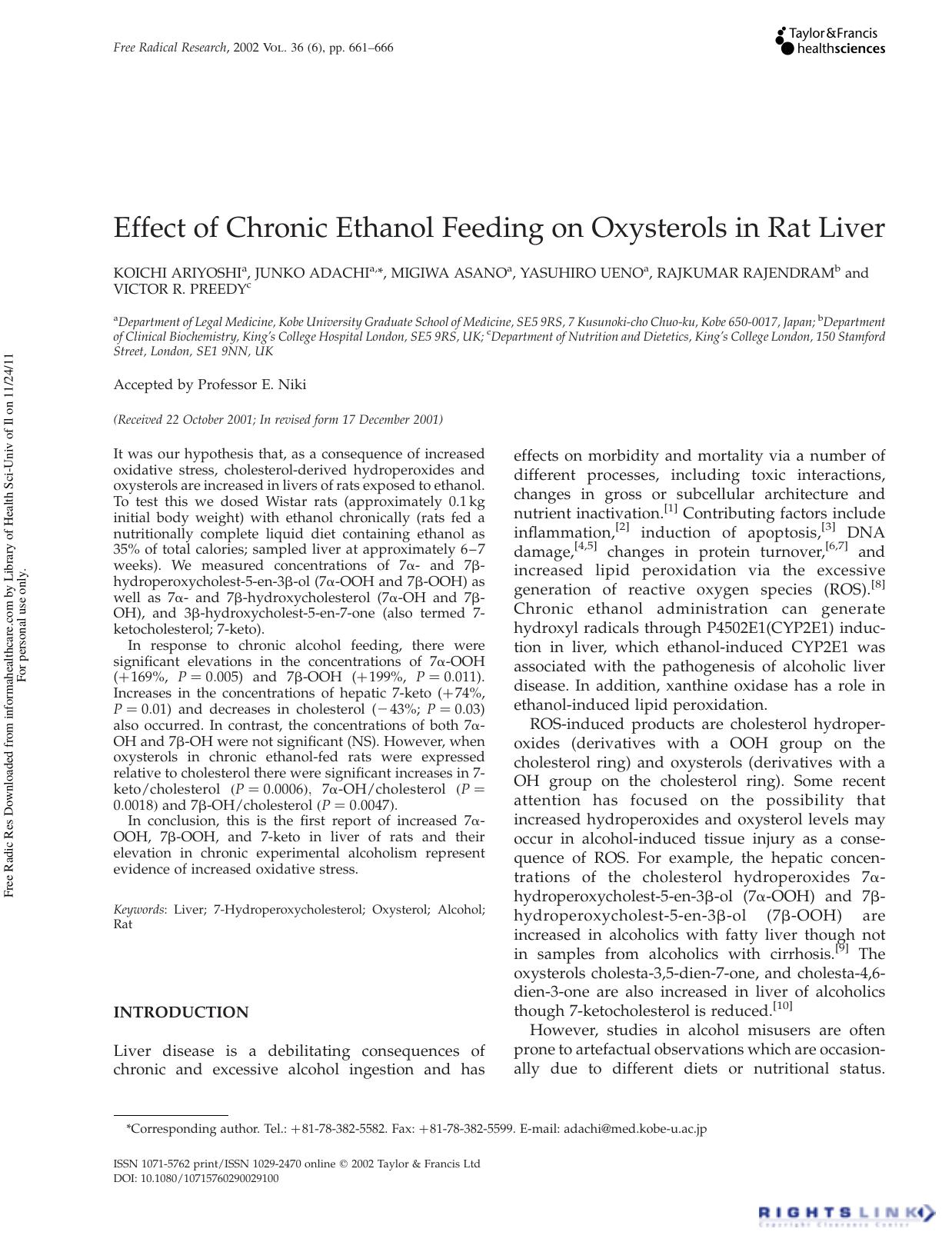 Effect of Chronic Ethanol Feeding on Oxysterols in Rat Liver by unknow