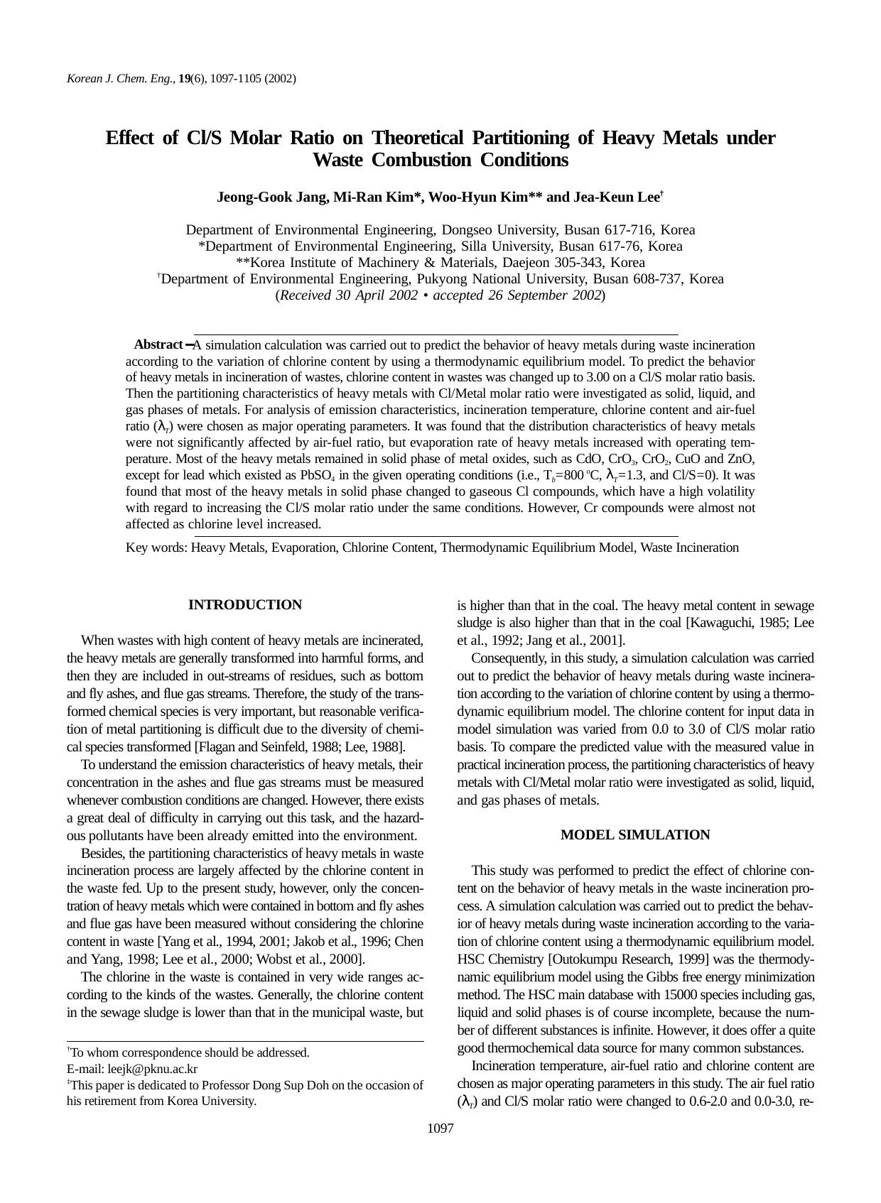 Effect of ClS molar ratio on theoretical partitioning of heavy metals under waste combustion conditions by Unknown