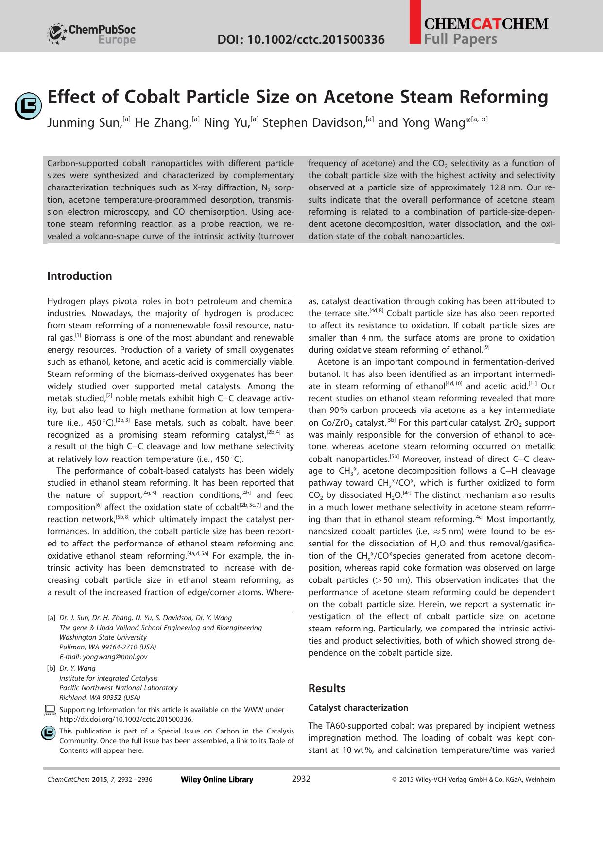 Effect of Cobalt Particle Size on Acetone Steam Reforming by Unknown