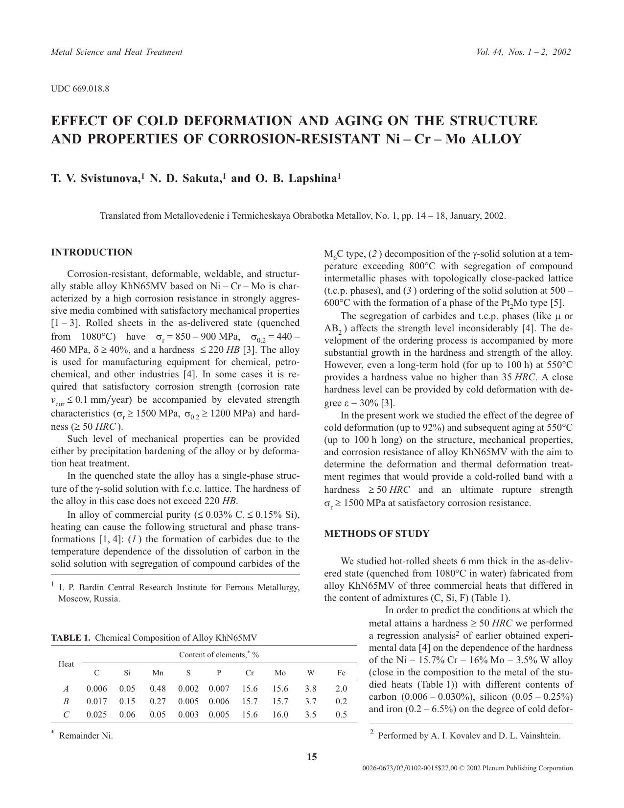 Effect of Cold Deformation and Aging on the Structure and Properties of Corrosion-Resistant Ni &#x2013; Cr &#x2013; Mo Alloy by Unknown