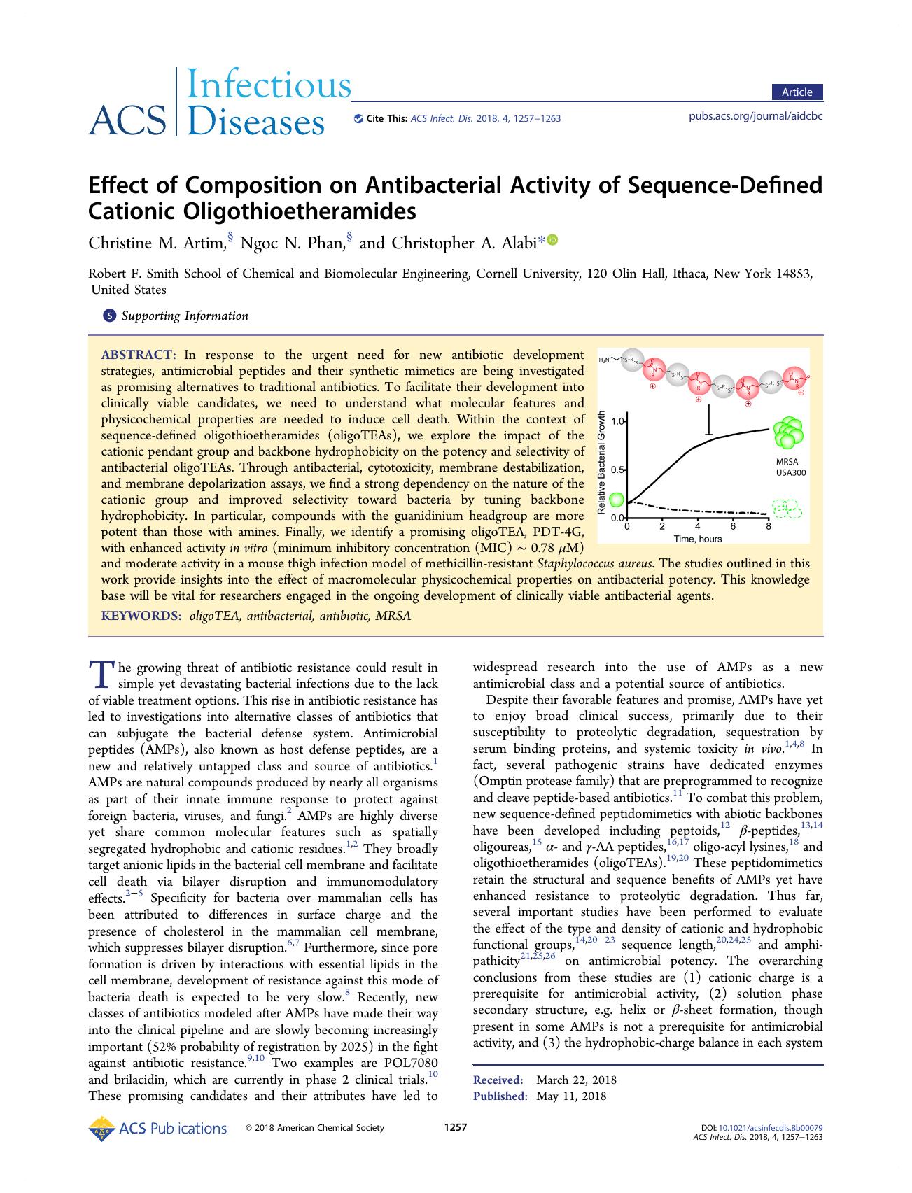 Effect of Composition on Antibacterial Activity of Sequence-Defined Cationic Oligothioetheramides by Christine M. Artim; Ngoc N. Phan; Christopher A. Alabi & Ngoc N. Phan & Christopher A. Alabi