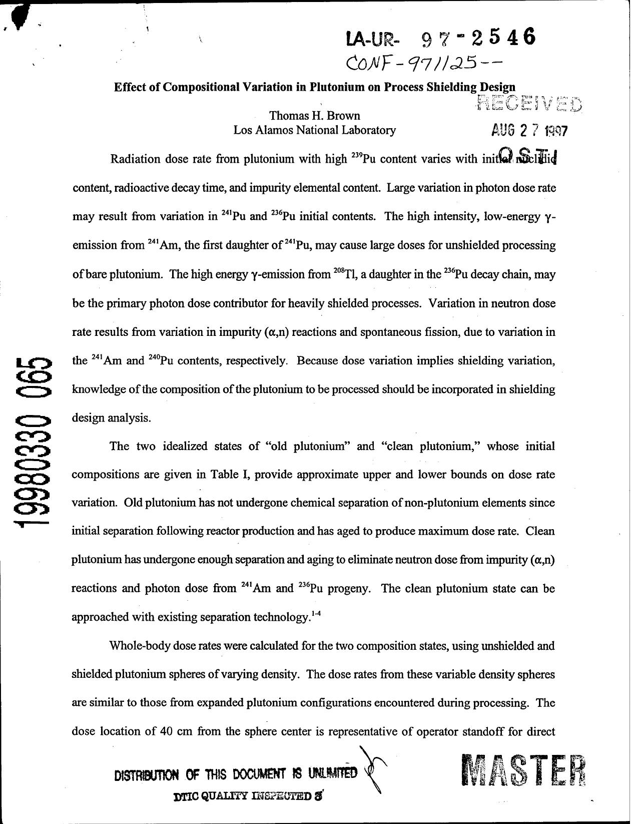 Effect of Compositional Variation in Plutonium on Process Shielding Design M9700913 by Unknown