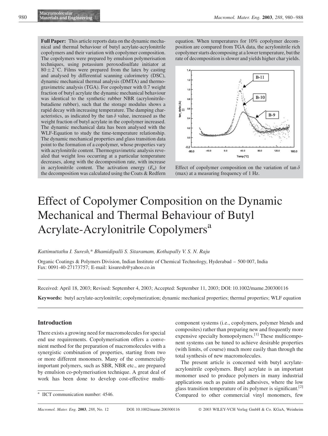 Effect of Copolymer Composition on the Dynamic Mechanical and Thermal Behaviour of Butyl Acrylate-Acrylonitrile Copolymers by Unknown