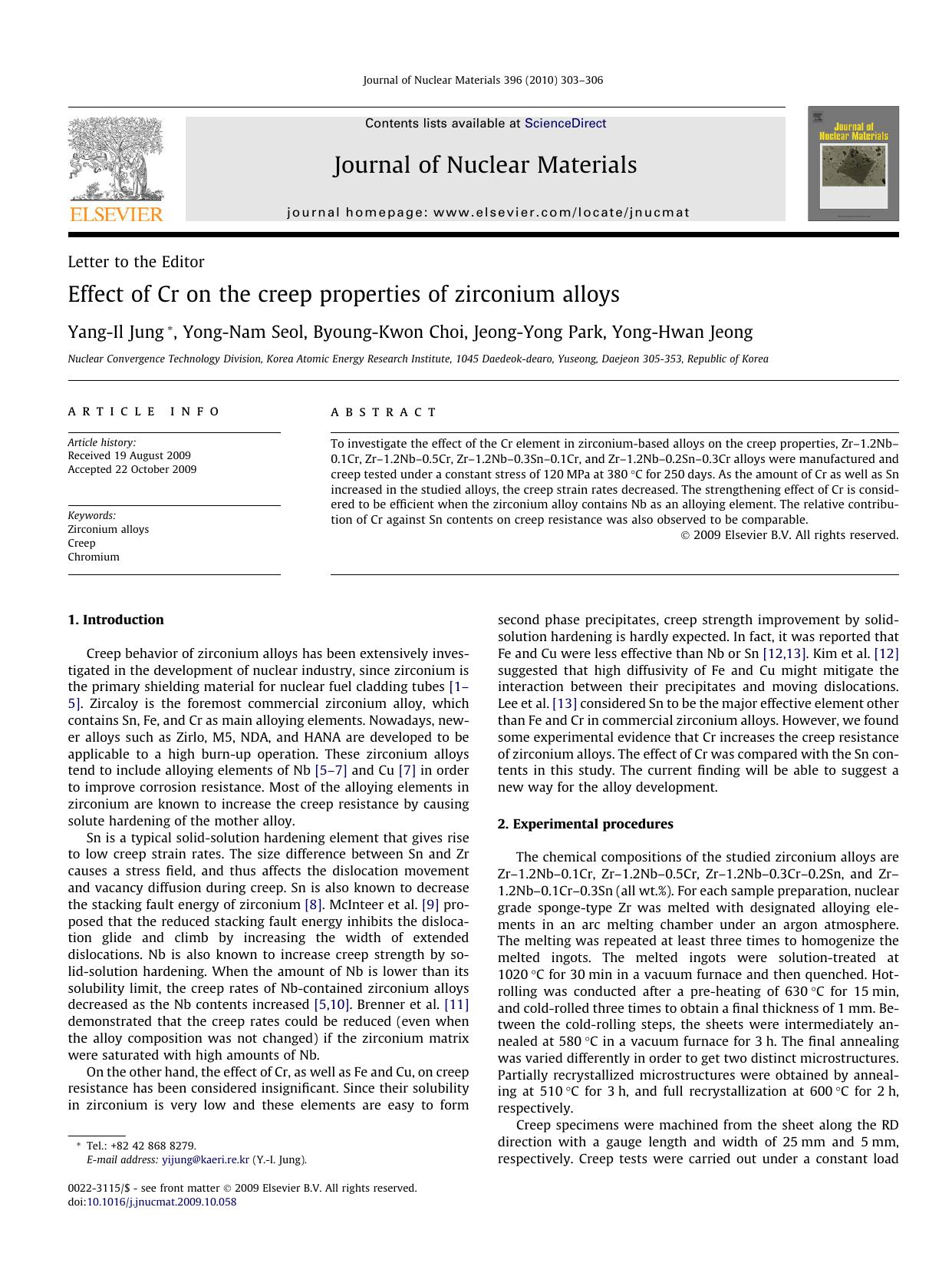Effect of Cr on the creep properties of zirconium alloys by Yang-Il Jung; Yong-Nam Seol; Byoung-Kwon Choi; Jeong-Yong Park; Yong-Hwan Jeong