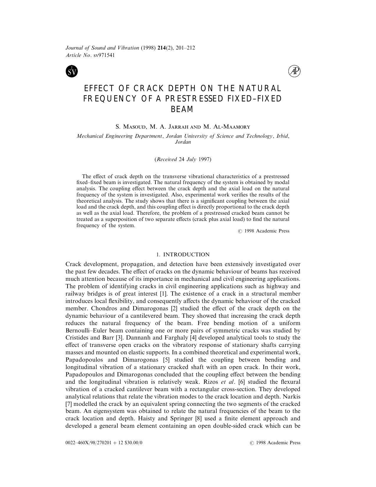 Effect of Crack Depth on the Natural Frequency of a Prestressed Fixed-Fixed Beam by Masoud S. et al