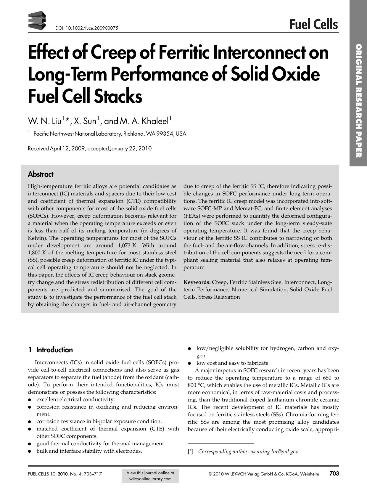 Effect of Creep of Ferritic Interconnect on LongTerm Performance of Solid Oxide Fuel Cell Stacks by Unknown