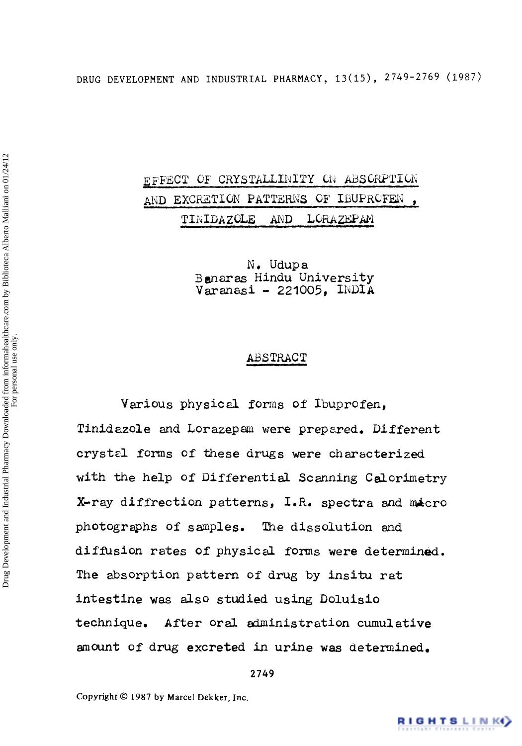 Effect of Crystallinity on Absorption and Excretion Patterns of Ibuprofen, Tinidazole and Lorazepam by N. Udupa
