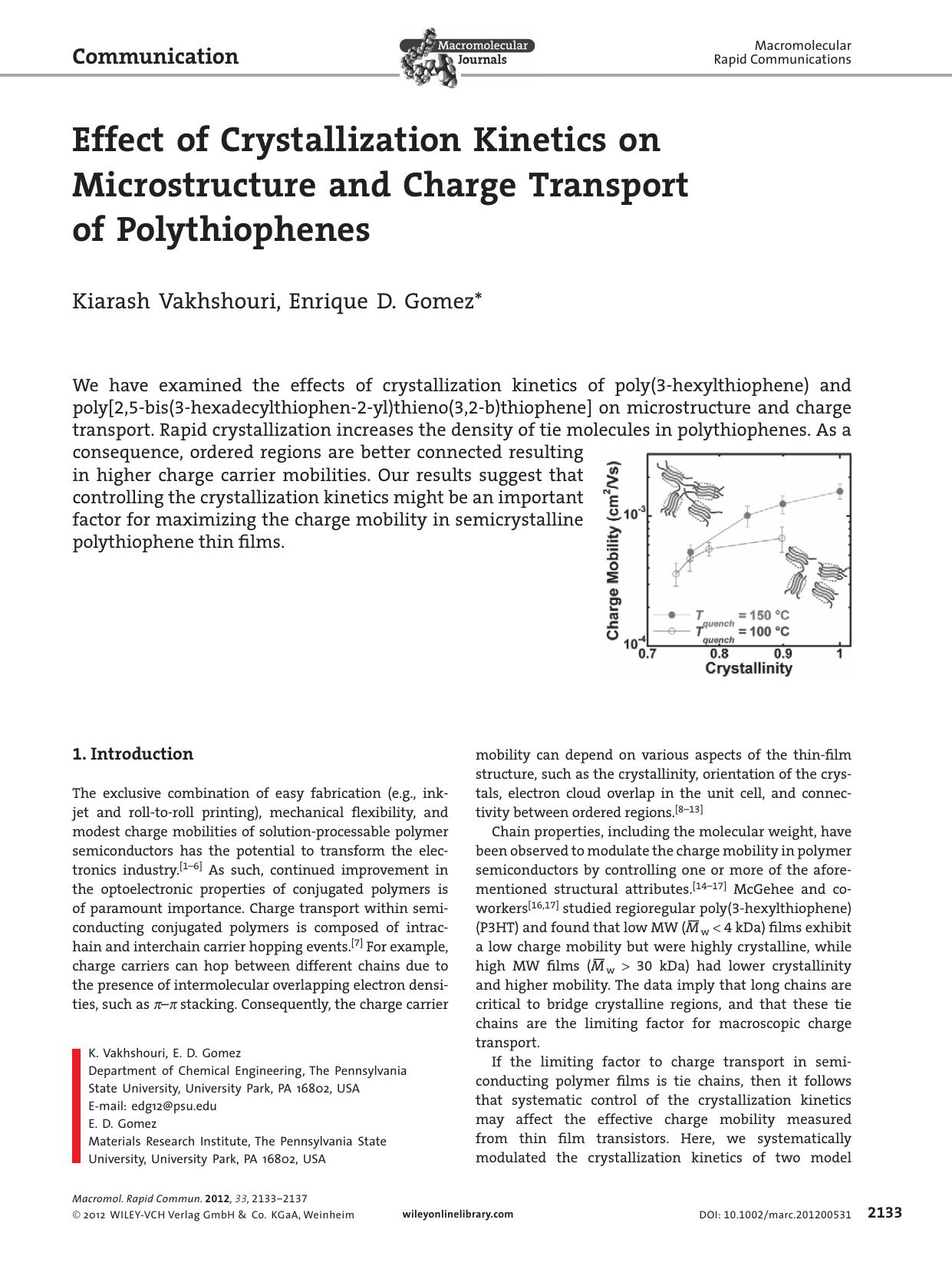 Effect of Crystallization Kinetics on Microstructure and Charge Transport of Polythiophenes by vng