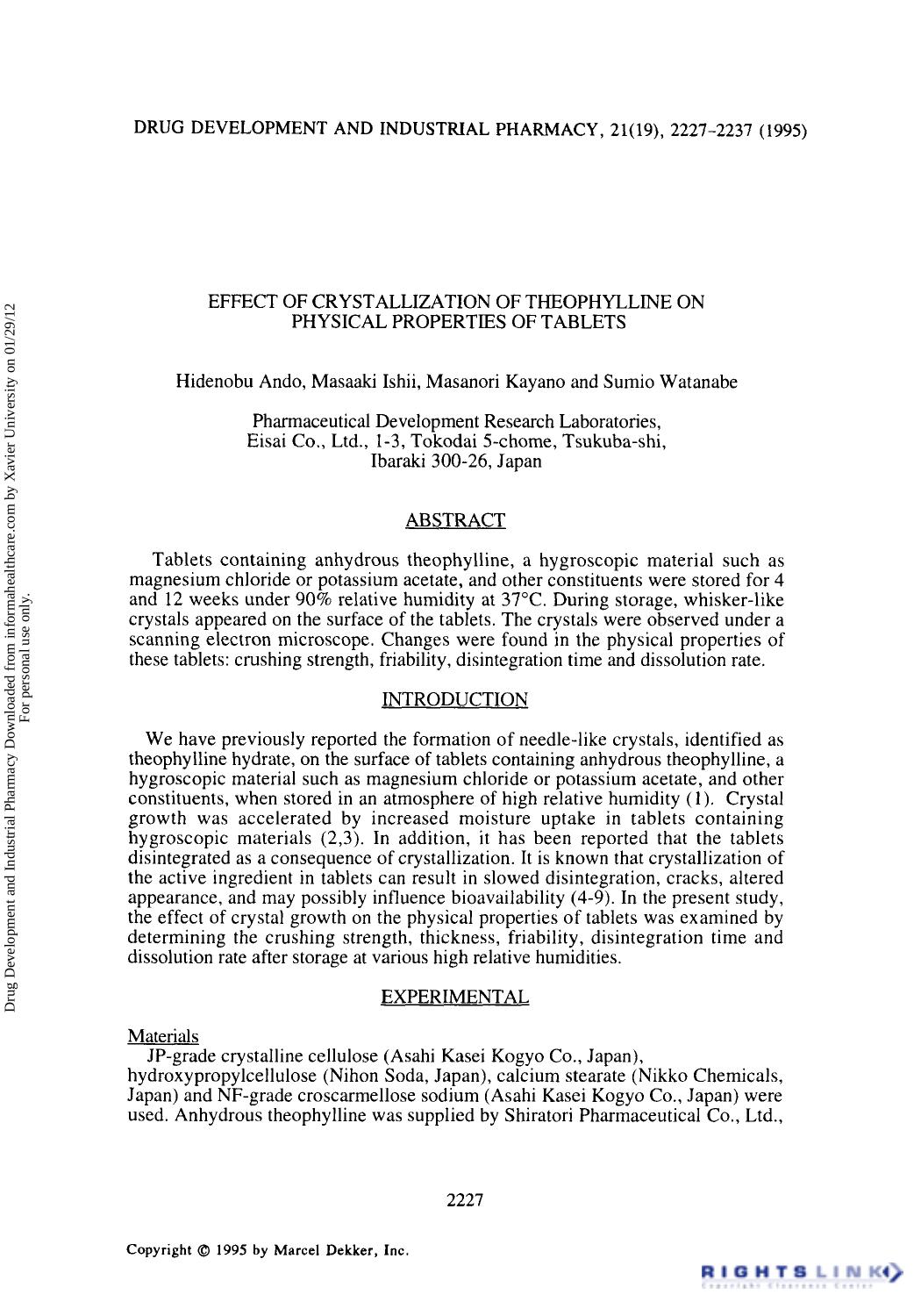 Effect of Crystallization of Theophylline on Physical Properties of Tablets by Hidenobu Ando Masaaki Ishii Masanori Kayano & Sumio Watanabe
