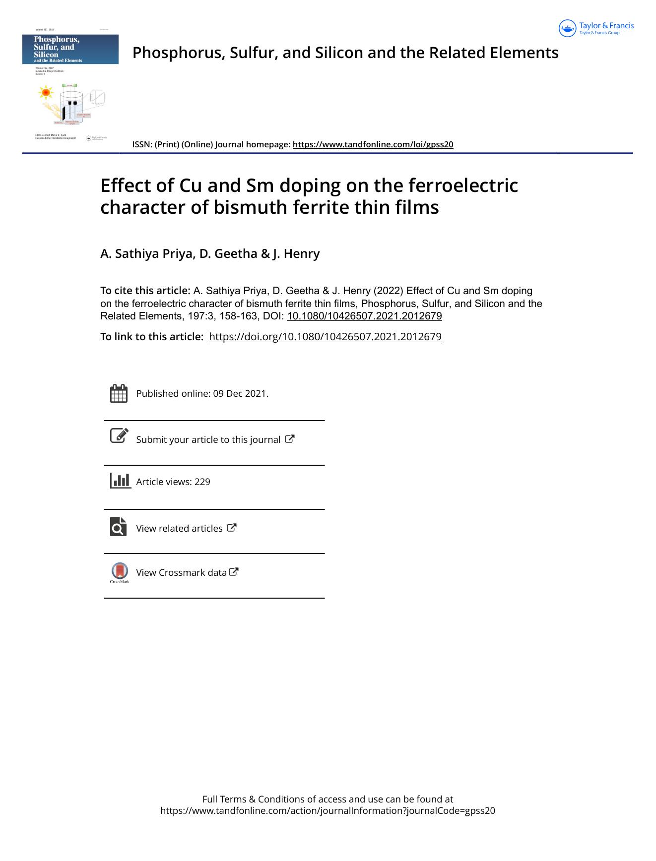 Effect of Cu and Sm doping on the ferroelectric character of bismuth ferrite thin films by Sathiya Priya A. & Geetha D. & Henry J