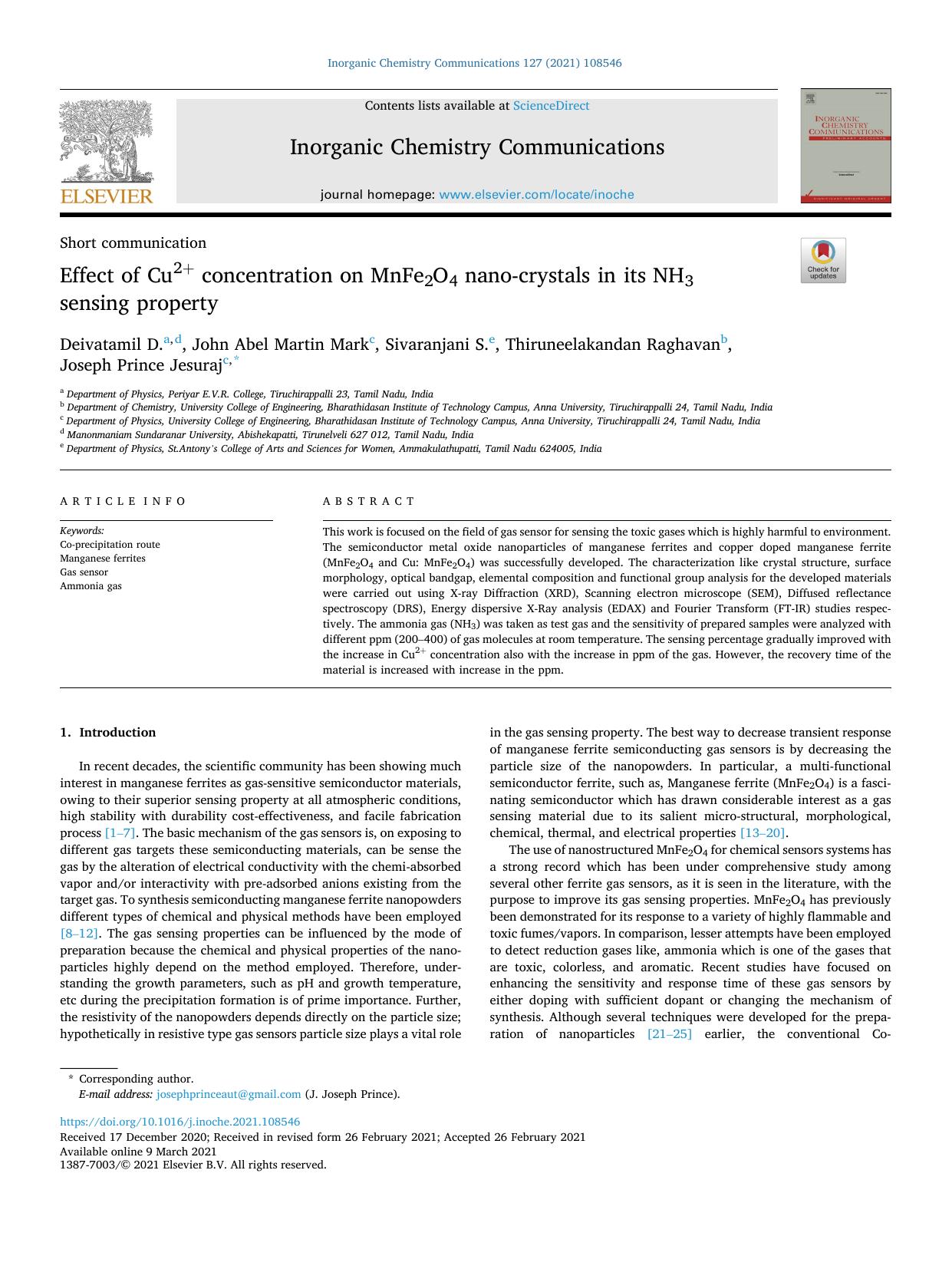 Effect of Cu2+ concentration on MnFe2O4 nano-crystals in its NH3 sensing property by D. Deivatamil