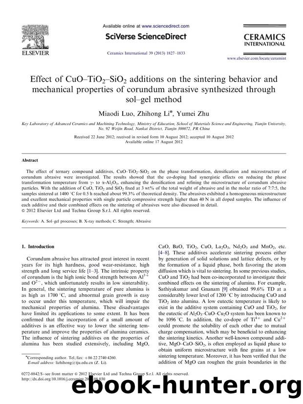 Effect of CuOâTiO2âSiO2 additions on the sintering behavior and mechanical properties of corundum abrasive synthesized through solâgel method by Miaodi Luo & Zhihong Li & Yumei Zhu