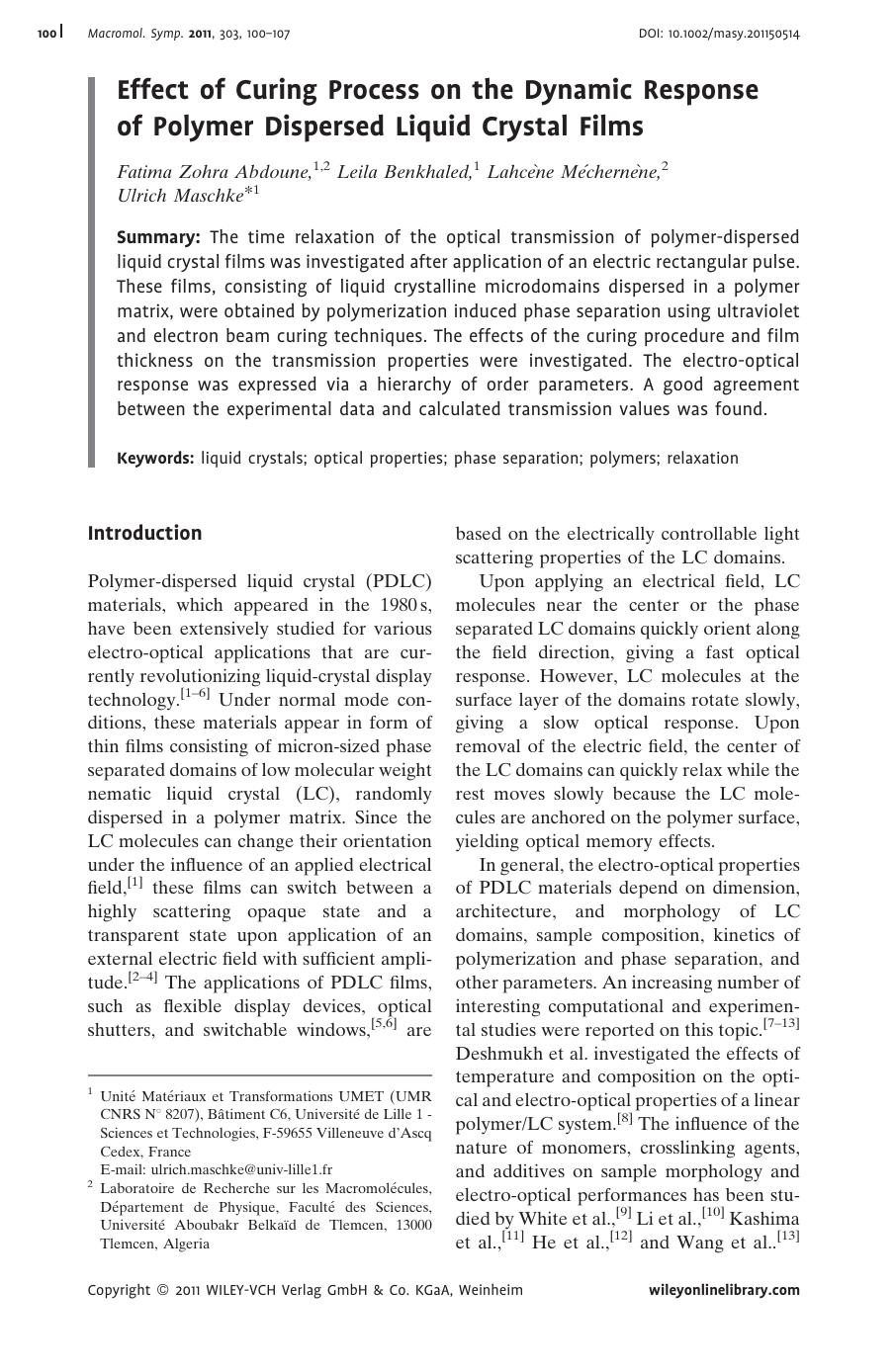 Effect of Curing Process on the Dynamic Response of Polymer Dispersed Liquid Crystal Films by Unknown