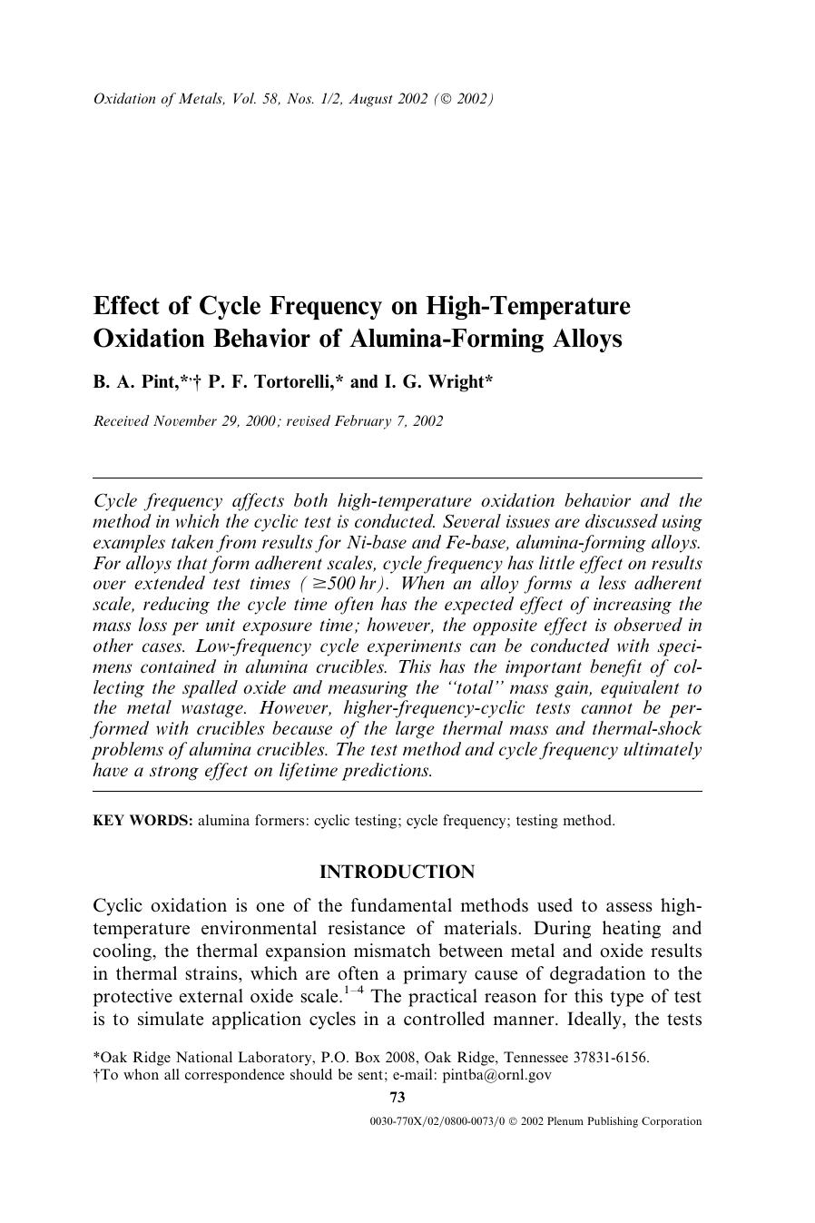 Effect of Cycle Frequency on High-Temperature Oxidation Behavior of Alumina-Forming Alloys by Unknown