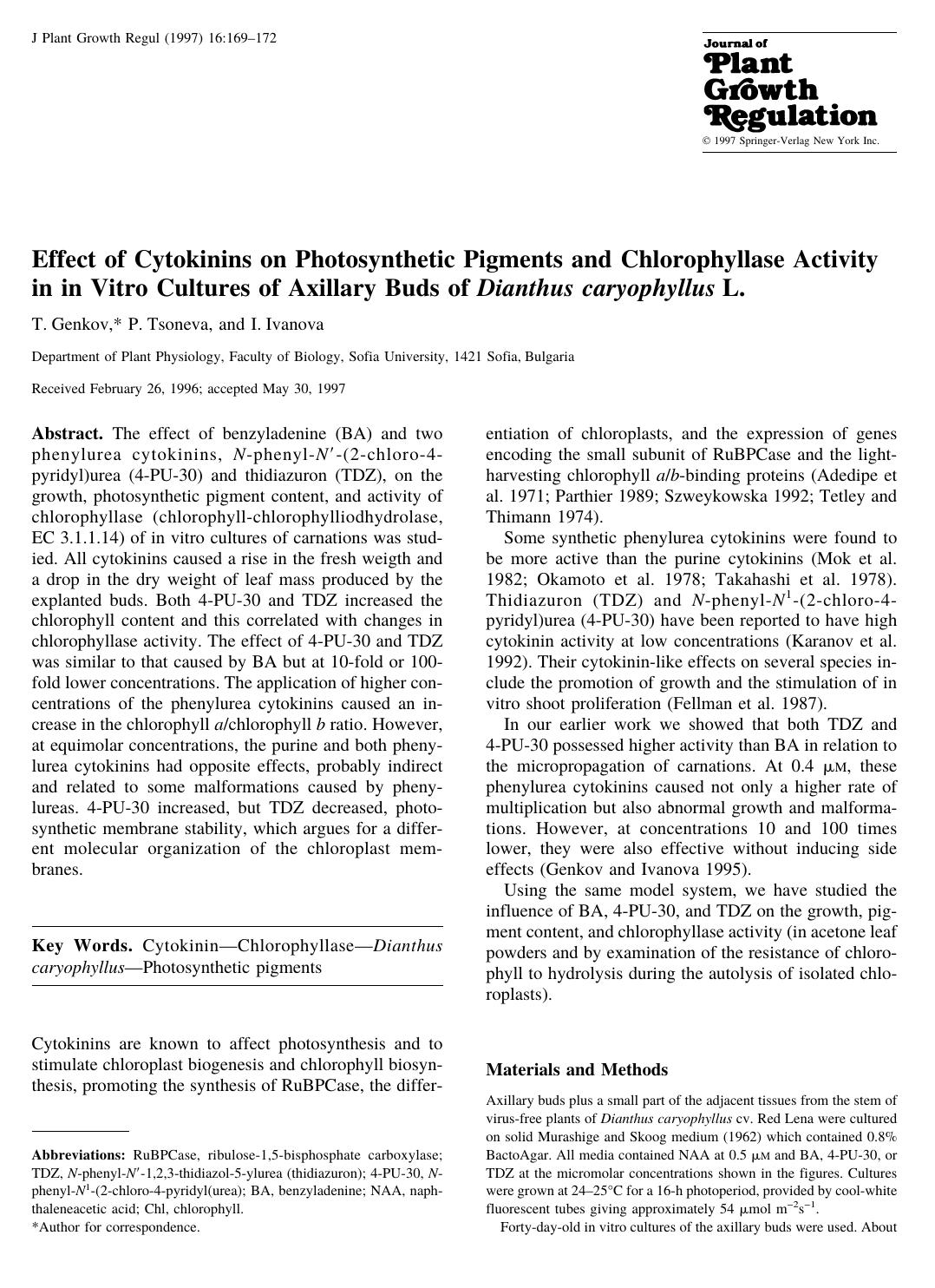 Effect of Cytokinins on Photosynthetic Pigments and Chlorophyllase Activity in in Vitro Cultures of Axillary Buds of Dianthus caryophyllus L. by Genkov T. et al