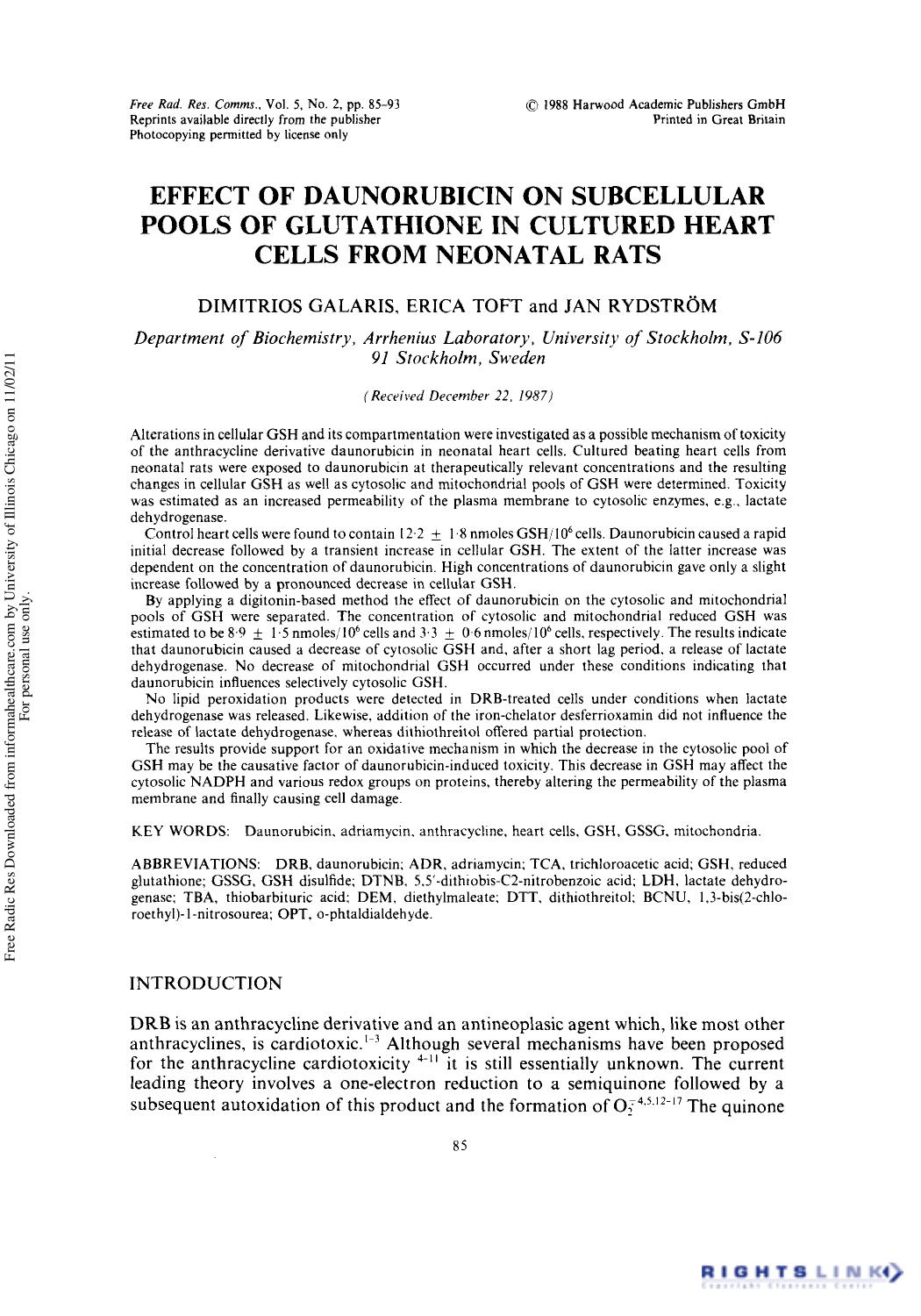 Effect of Daunorubicin on Subcellular Pools of Glutathione in Cultured Heart Cells from Neonatal Rats by Dimitrios Galaris1 Erica Toft1 & Jan Rydstrom1