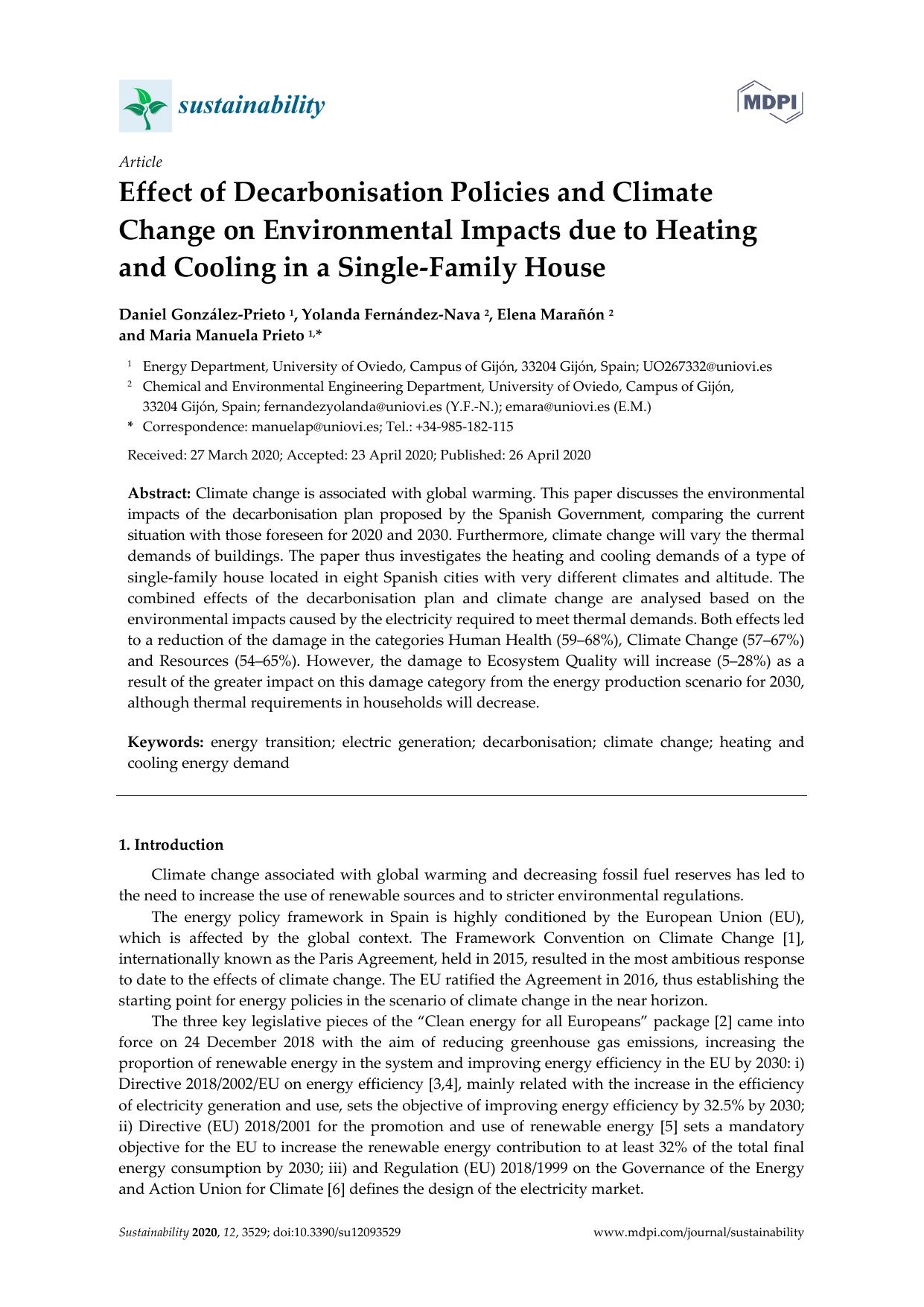 Effect of Decarbonisation Policies and Climate Change on Environmental Impacts due to Heating and Cooling in a Single-Family House by Daniel González-Prieto