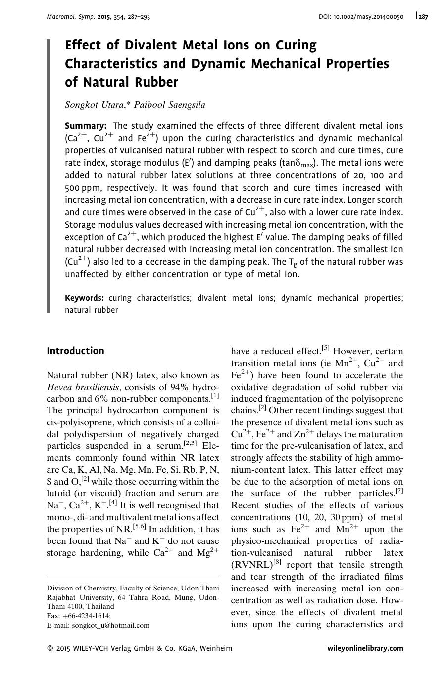 Effect of Divalent Metal Ions on Curing Characteristics and Dynamic Mechanical Properties of Natural Rubber by Unknown