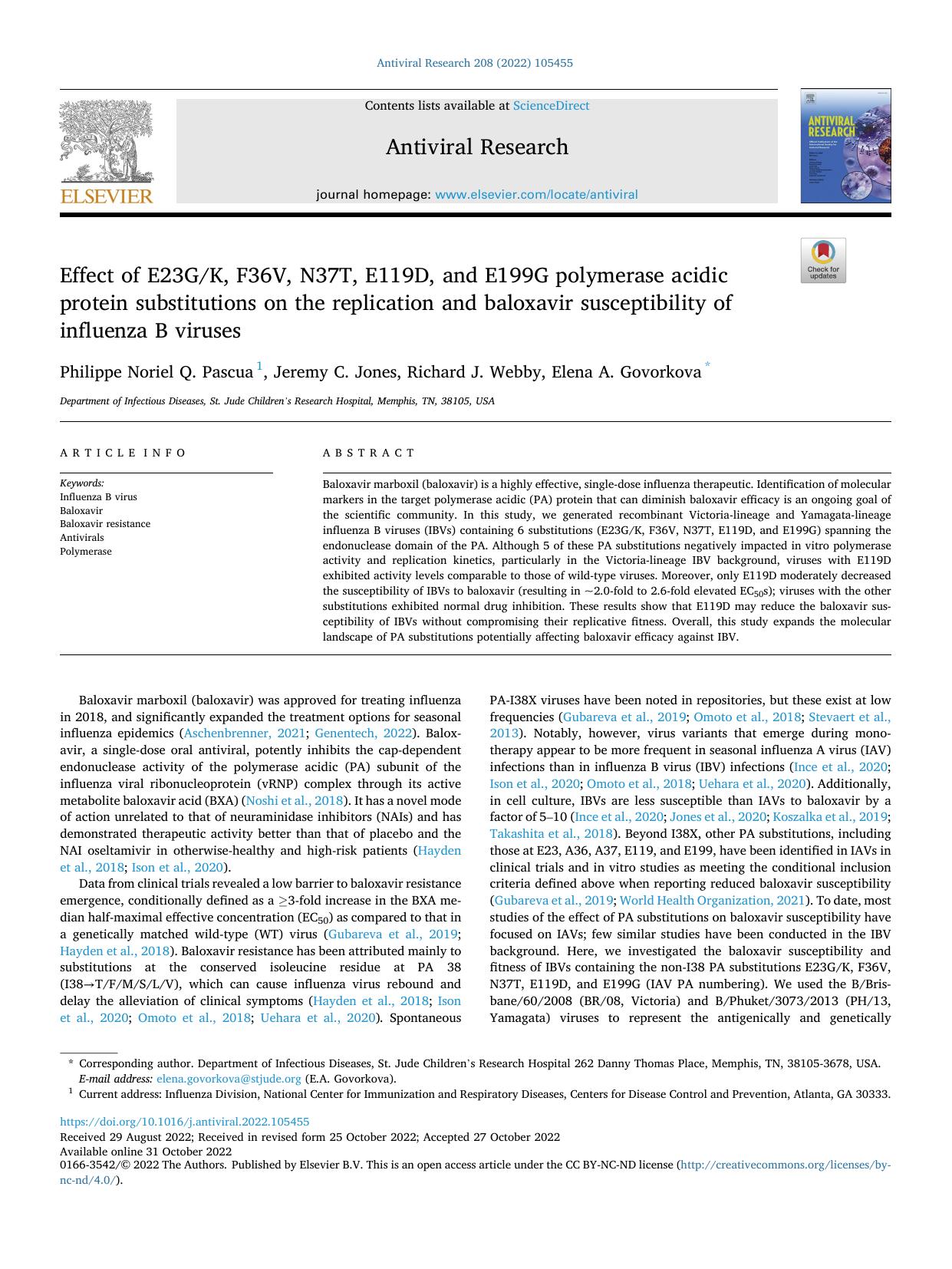 Effect of E23GK, F36V, N37T, E119D, and E199G polymerase acidic protein substitutions on the replication and baloxavir susceptibility of influenza B viruses by Philippe Noriel Q. Pascua